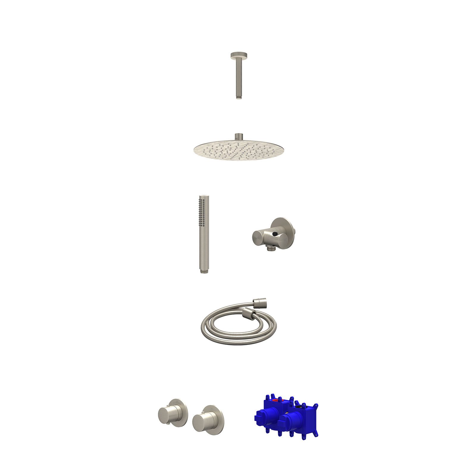 IVY Bond Regendoucheset inbouw symmetry 2-weg - 25cm slim - plafond 15cm - verstelbare steun - staafhanddouche - Geborsteld nickel