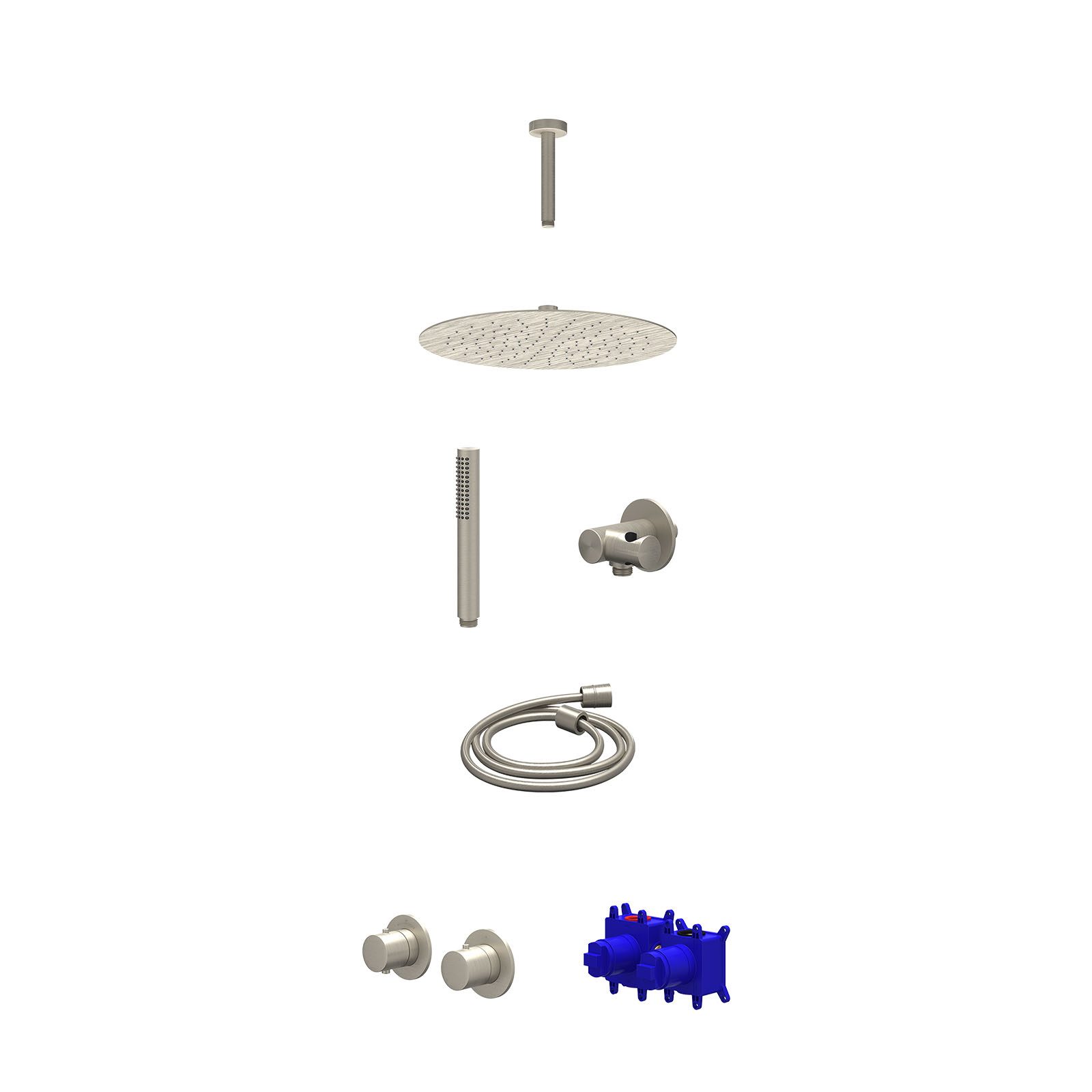 IVY Bond Regendoucheset inbouw symmetry 2-weg - 30cm slim - plafond 15cm - verstelbare steun - staafhanddouche - Geborsteld nickel