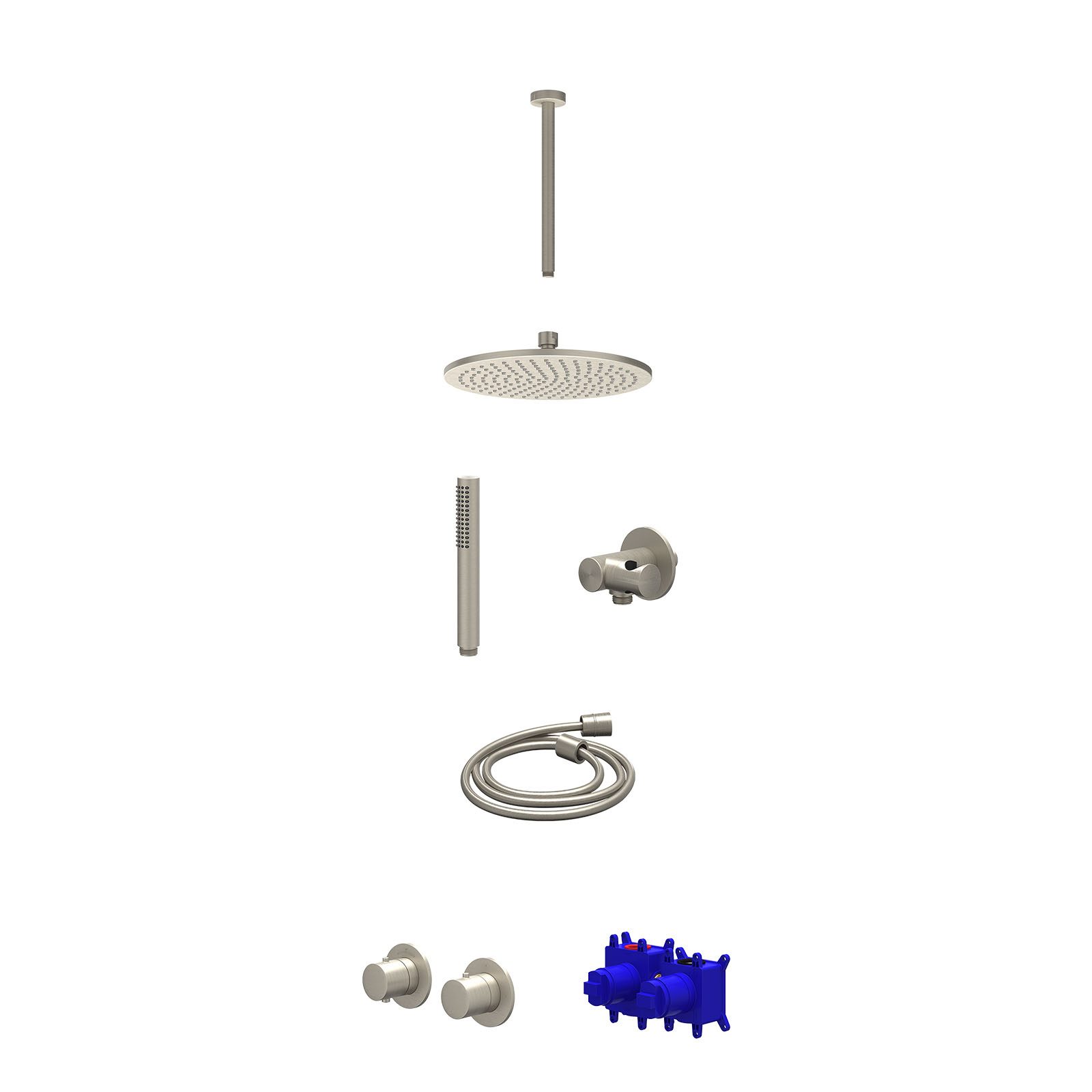 IVY Bond Regendoucheset inbouw symmetry 2-weg - 25cm medium - plafond 30cm - verstelbare steun - staafhanddouche - Geborsteld nickel
