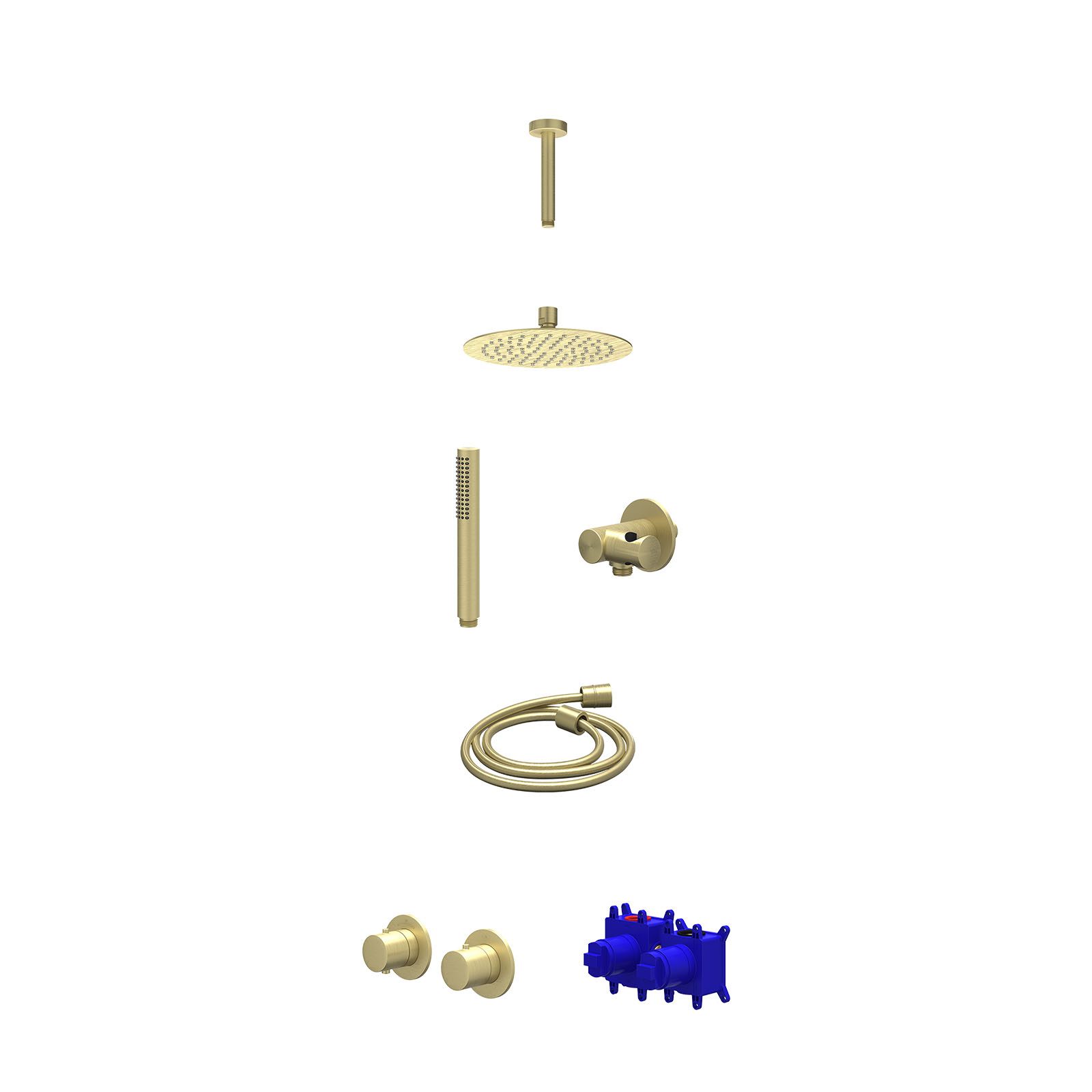 IVY Bond Regendoucheset inbouw symmetry 2-weg - 20cm slim - plafond 15cm - verstelbare steun - staafhanddouche - Geborsteld mat goud