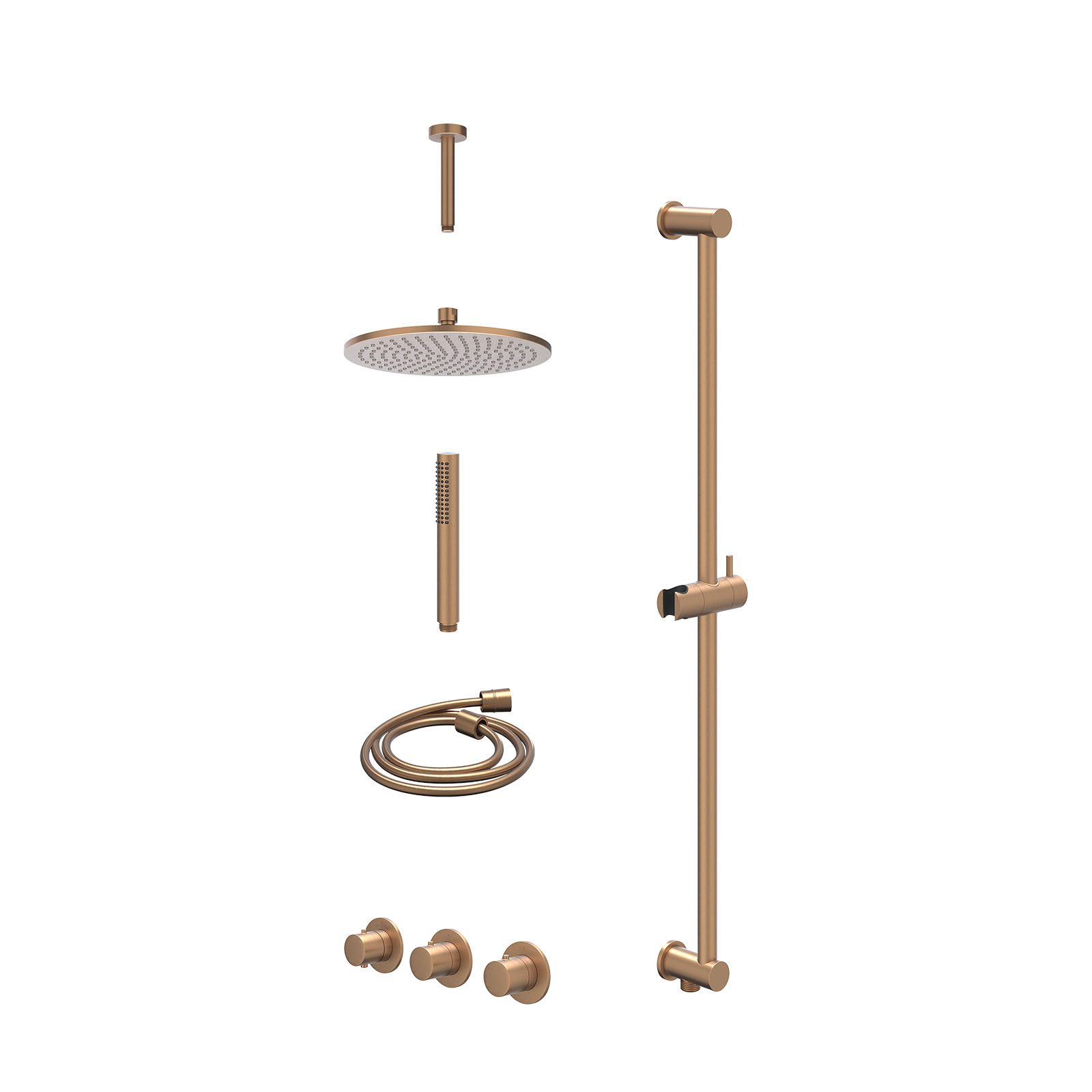 IVY Bond Regendoucheset inbouw 2 stopkranen - 25cm medium - plafond 15cm - glijstang - staafhanddouche - excl. inbouwbox - Geborsteld mat koper