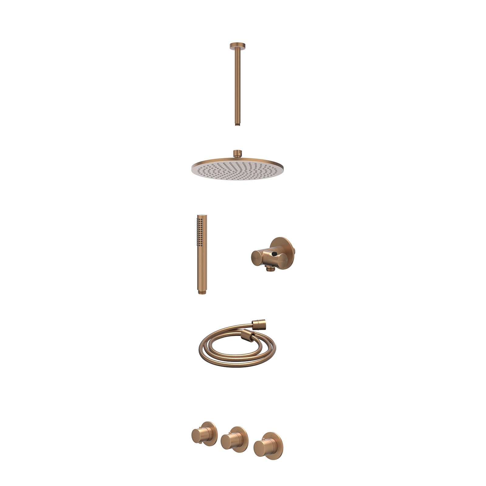 IVY Bond Regendoucheset inbouw 2 stopkranen - 25cm medium - plafond 30cm - verstelbare steun - staafhanddouche - excl. inbouwbox - Geborsteld mat koper