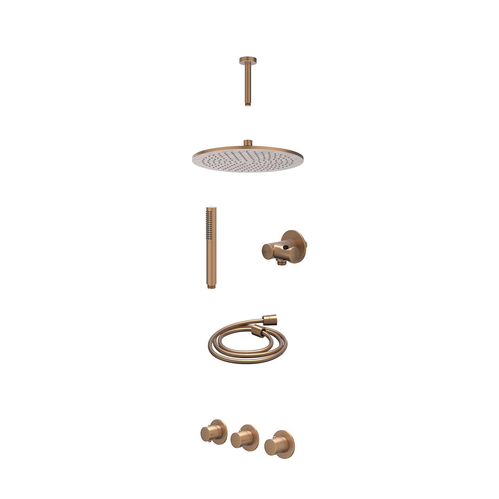 IVY Bond Regendoucheset inbouw 2 stopkranen - 30cm medium - plafond 15cm - verstelbare steun - staafhanddouche - excl. inbouwbox - Geborsteld mat koper