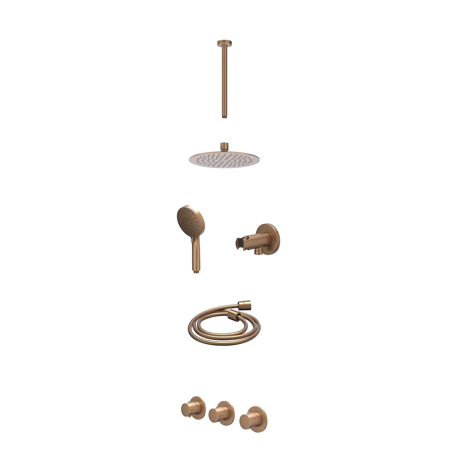 IVY Bond Regendoucheset inbouw 2 stopkranen - 20cm slim - plafond 30cm - wandhouder - 3-standen - excl. inbouwbox - Geborsteld mat koper