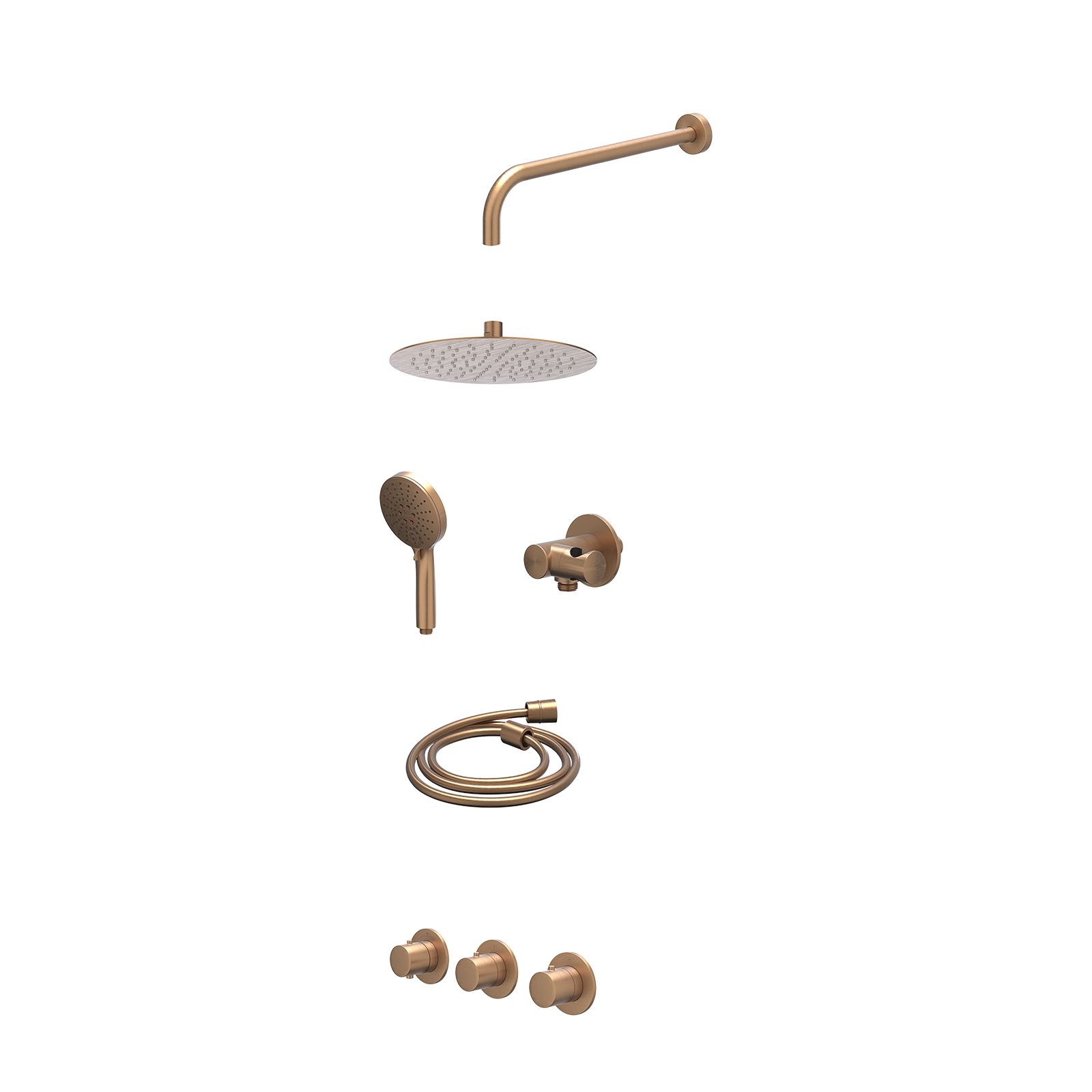 IVY Bond Regendoucheset inbouw 2 stopkranen - 25cm slim - wandarm - verstelbare steun - 3-standen - excl. inbouwbox - Geborsteld mat koper