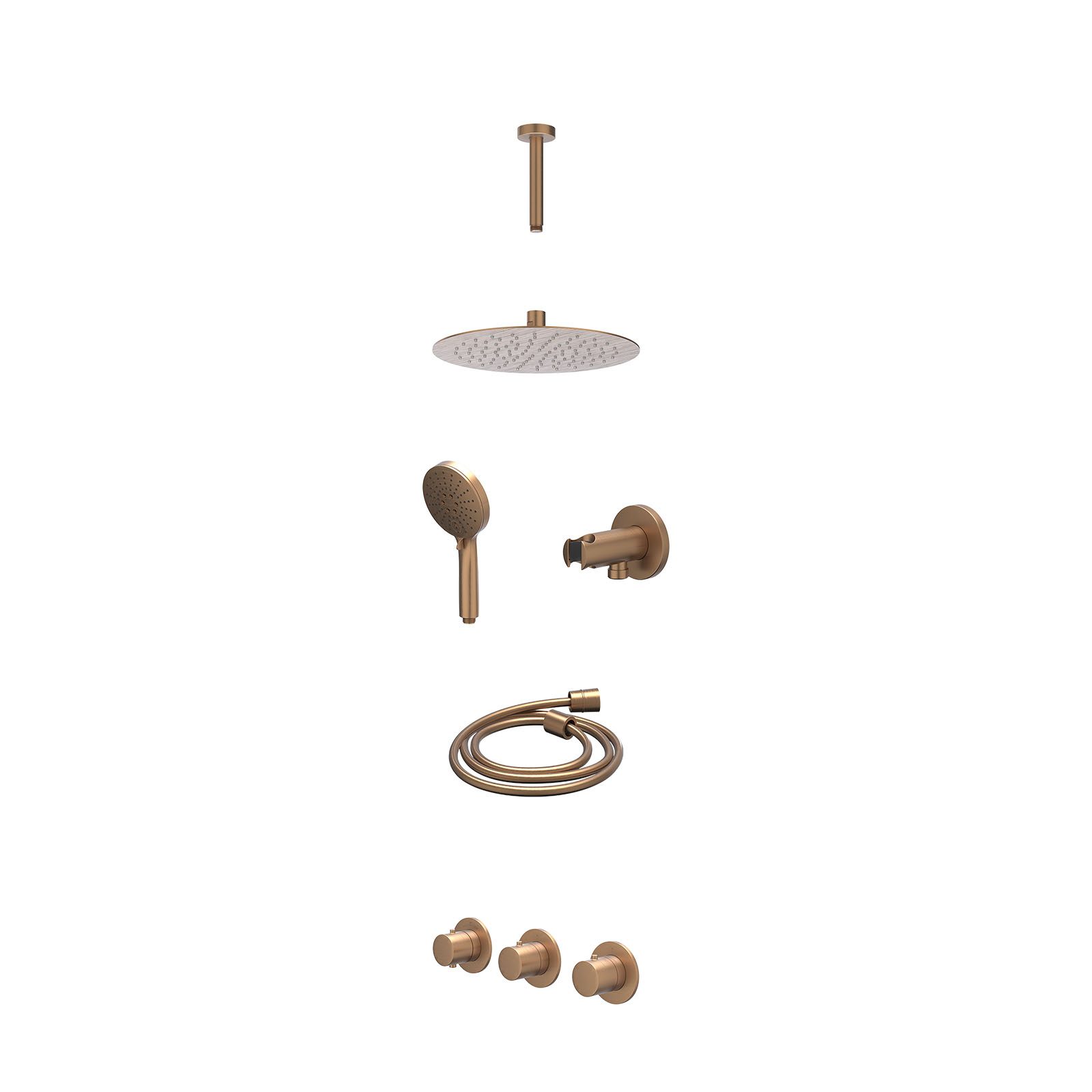 IVY Bond Regendoucheset inbouw 2 stopkranen - 25cm slim - plafond 15cm - wandhouder - 3-standen - excl. inbouwbox - Geborsteld mat koper