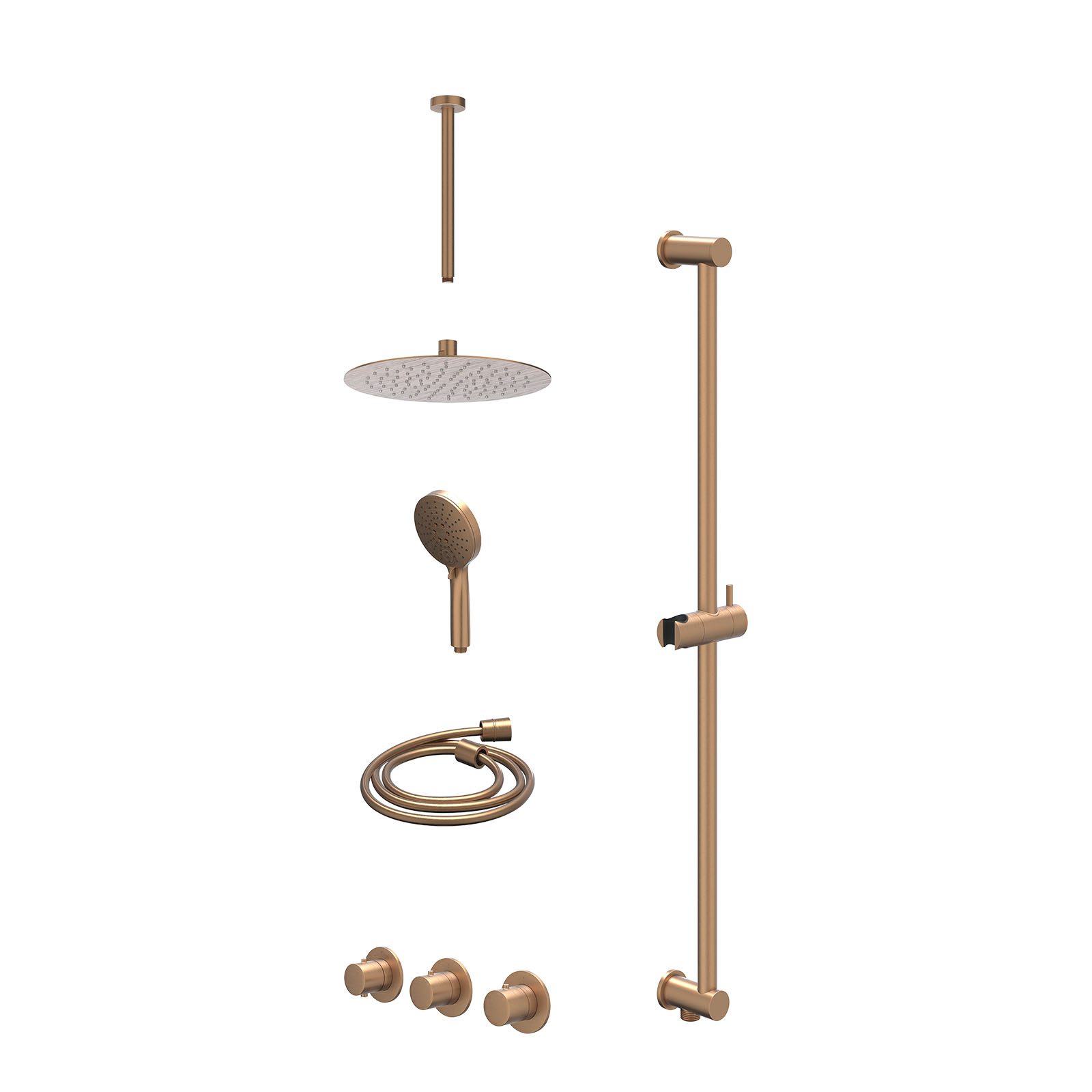 IVY Bond Regendoucheset inbouw 2 stopkranen - 25cm slim - plafond 30cm - glijstang - 3-standen - excl. inbouwbox - Geborsteld mat koper