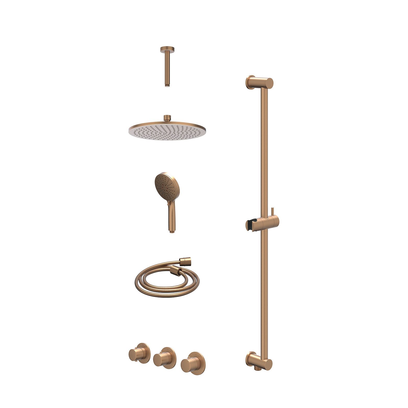 IVY Bond Regendoucheset inbouw 2 stopkranen - 25cm medium - plafond 15cm - glijstang - 3-standen - excl. inbouwbox - Geborsteld mat koper
