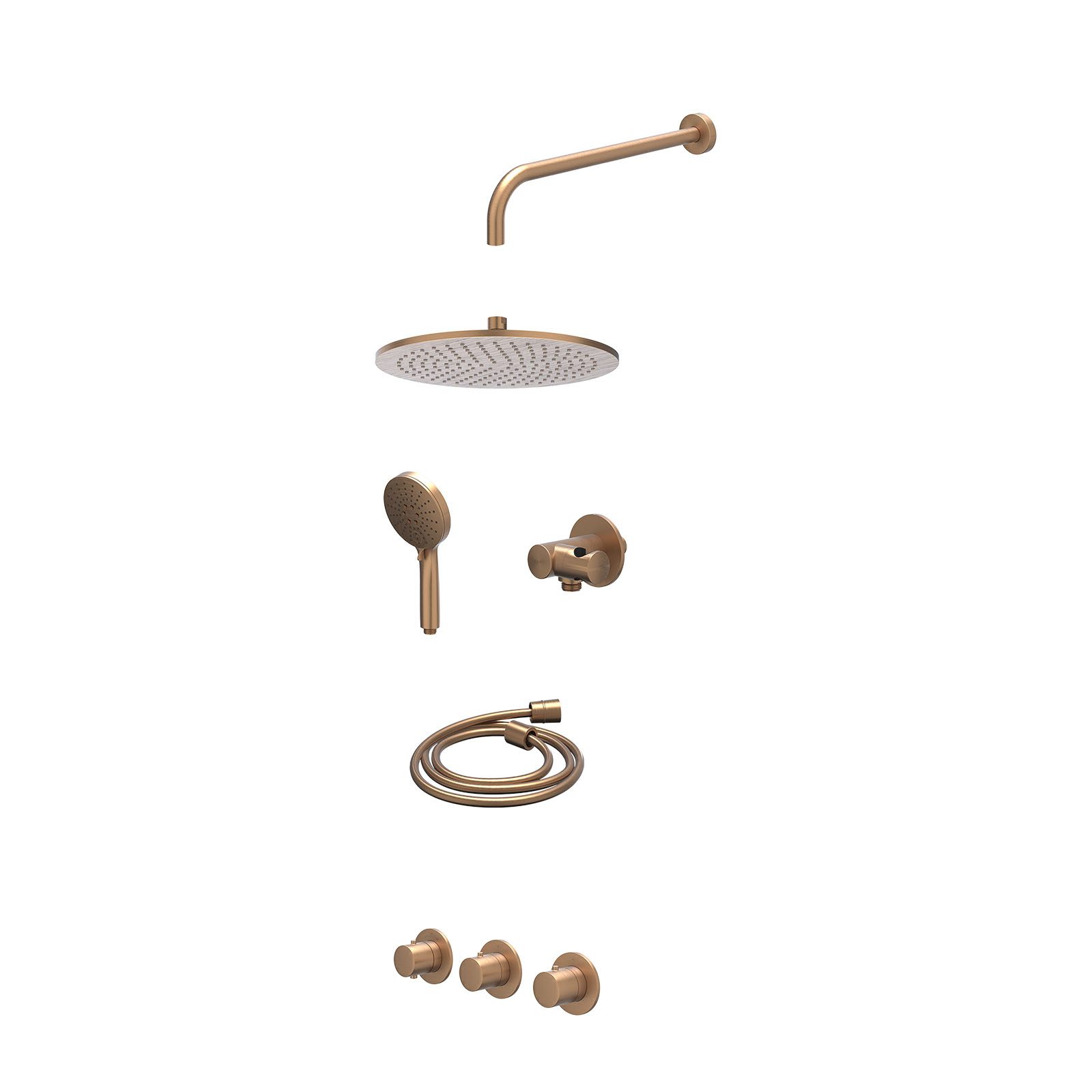 IVY Bond Regendoucheset inbouw 2 stopkranen - 30cm medium - wandarm - verstelbare steun - 3-standen - excl. inbouwbox - Geborsteld mat koper