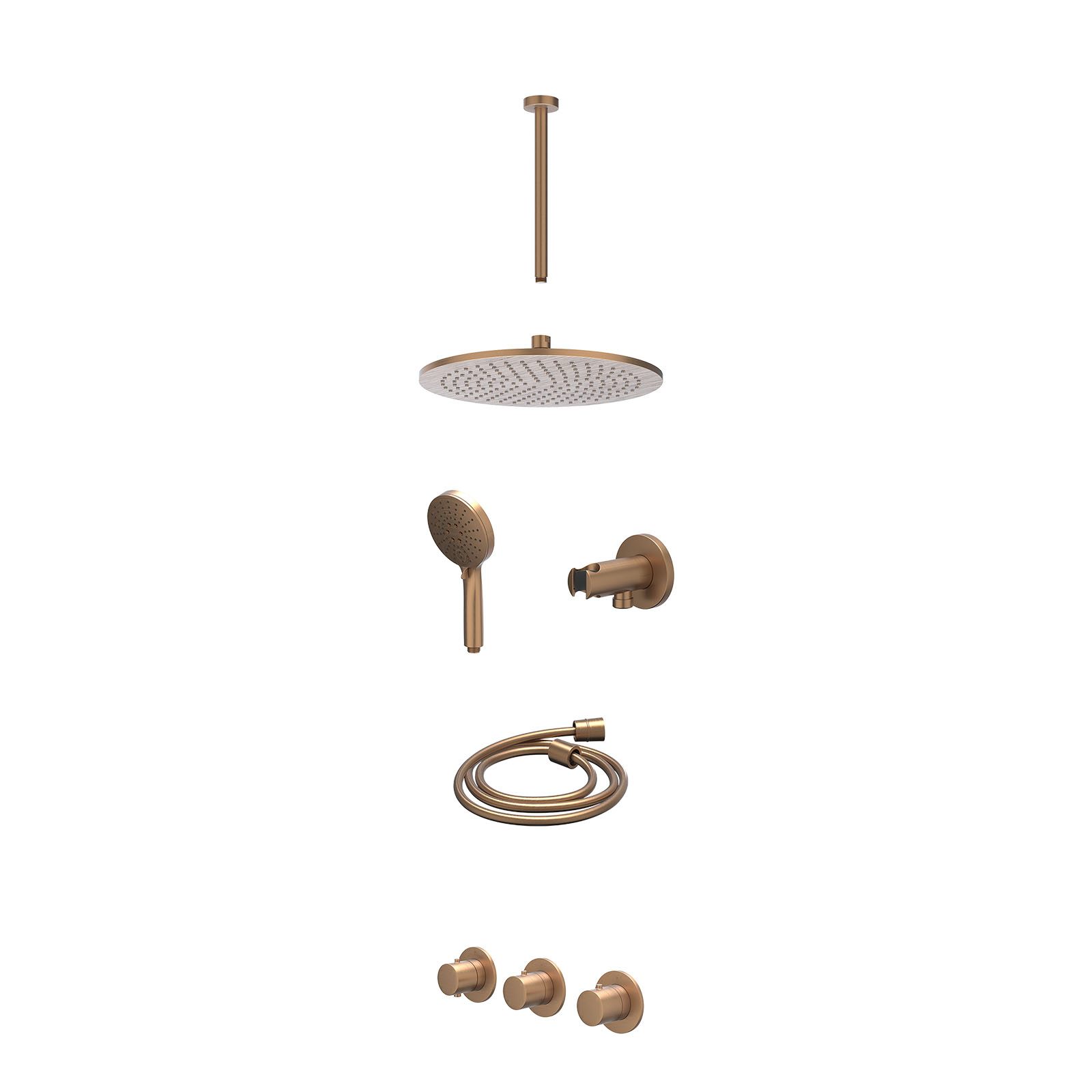 IVY Bond Regendoucheset inbouw 2 stopkranen - 30cm medium - plafond 30cm - wandhouder - 3-standen - excl. inbouwbox - Geborsteld mat koper