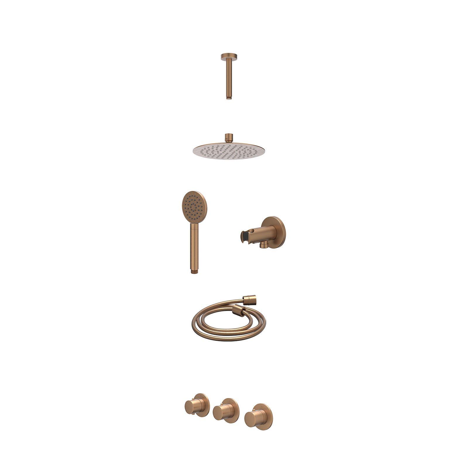 IVY Bond Regendoucheset inbouw 2 stopkranen - 20cm slim - plafond 15cm - wandhouder - satin spray - excl. inbouwbox - Geborsteld mat koper