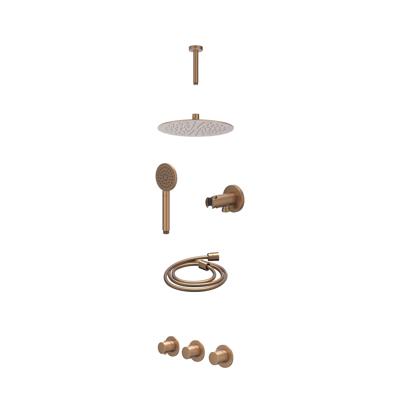 IVY Bond Regendoucheset inbouw 2 stopkranen - 25cm slim - plafond 15cm - wandhouder - satin spray - excl. inbouwbox - Geborsteld mat koper