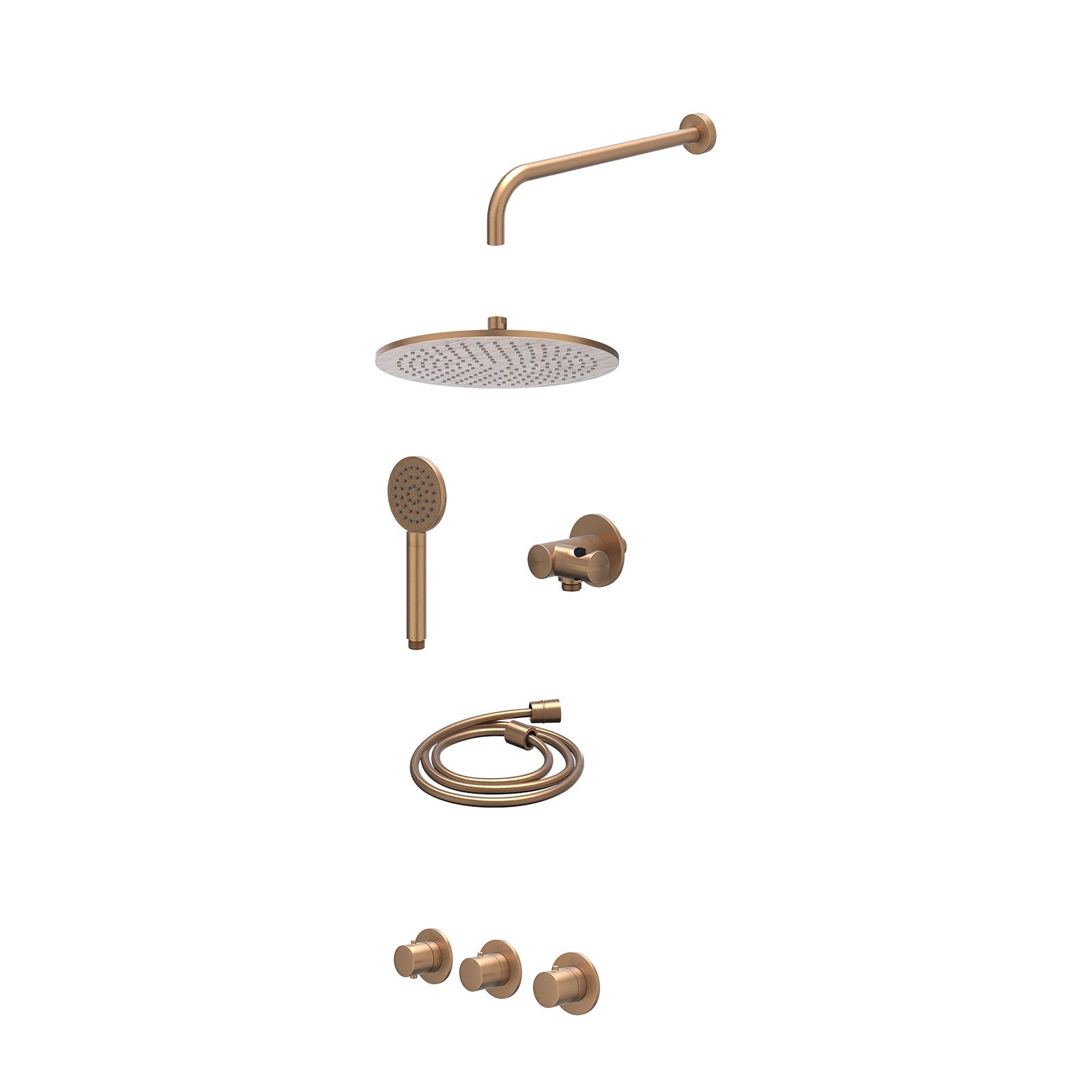 IVY Bond Regendoucheset inbouw 2 stopkranen - 30cm medium - wandarm - verstelbare steun - satin spray - excl. inbouwbox - Geborsteld mat koper