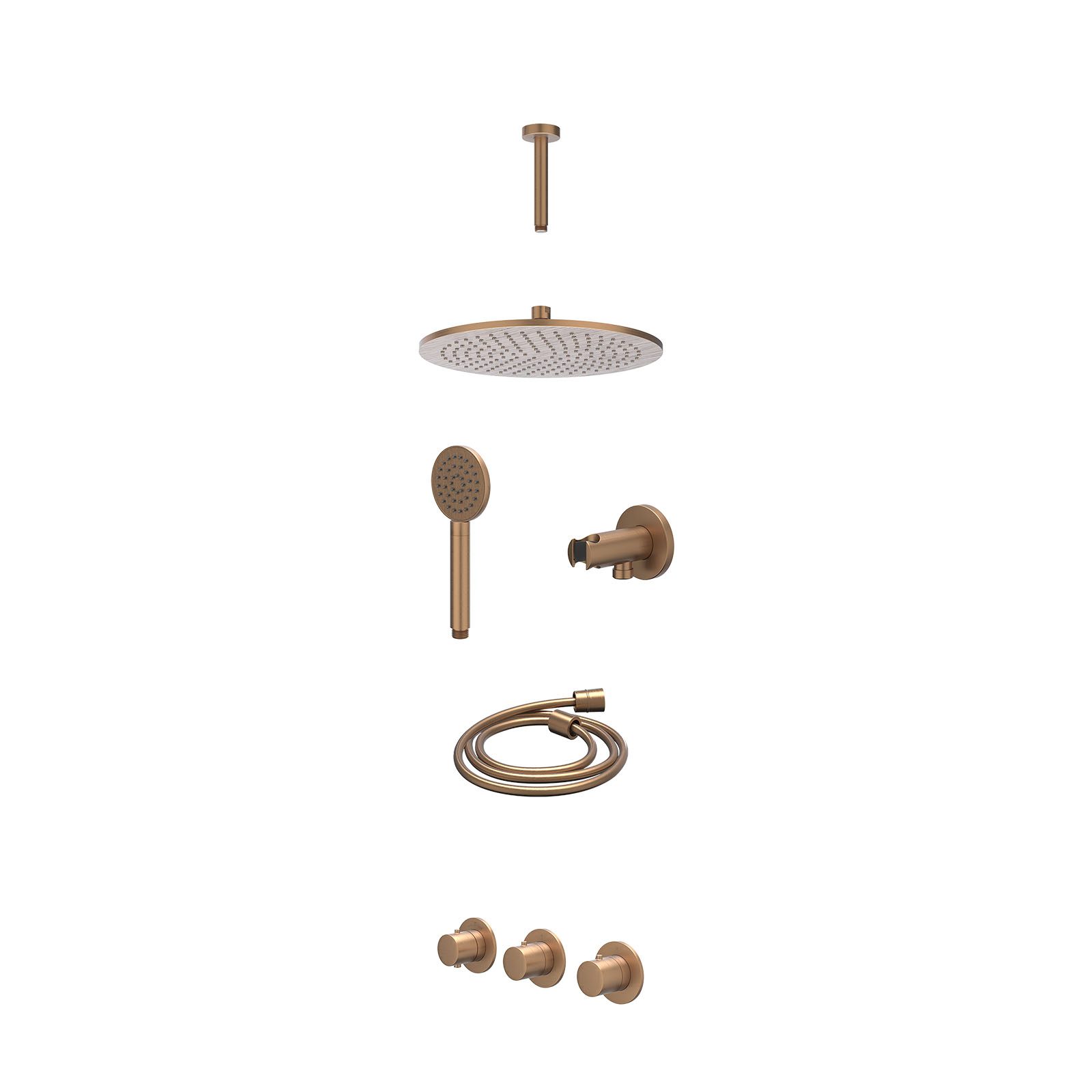 IVY Bond Regendoucheset inbouw 2 stopkranen - 30cm medium - plafond 15cm - wandhouder - satin spray - excl. inbouwbox - Geborsteld mat koper