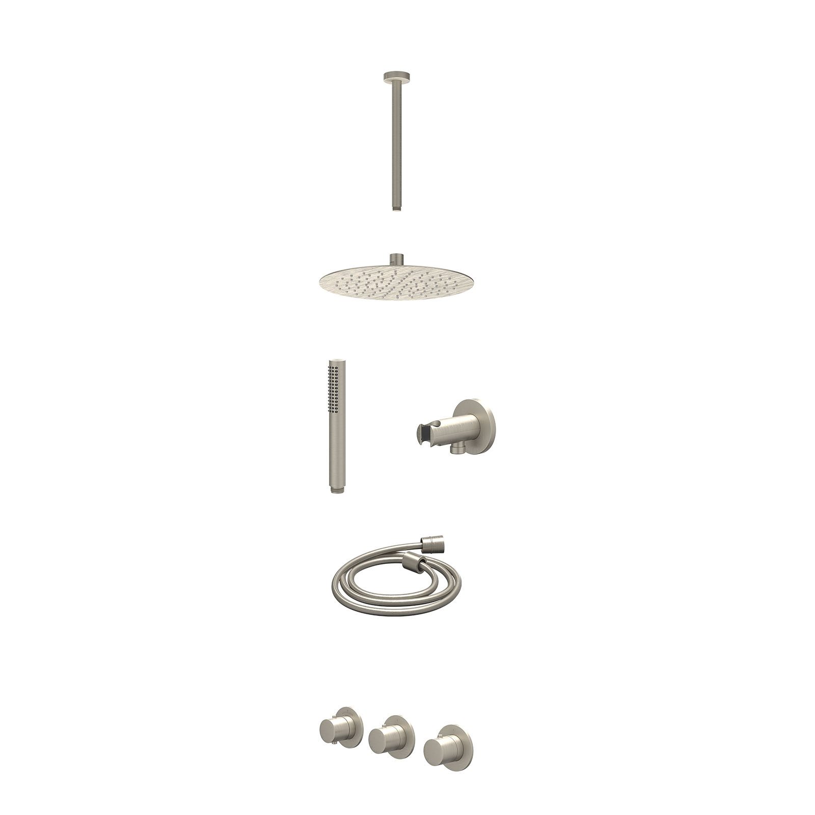 IVY Bond Regendoucheset inbouw 2 stopkranen - 25cm slim - plafond 30cm - wandhouder - staafhanddouche - excl. inbouwbox - Geborsteld nickel
