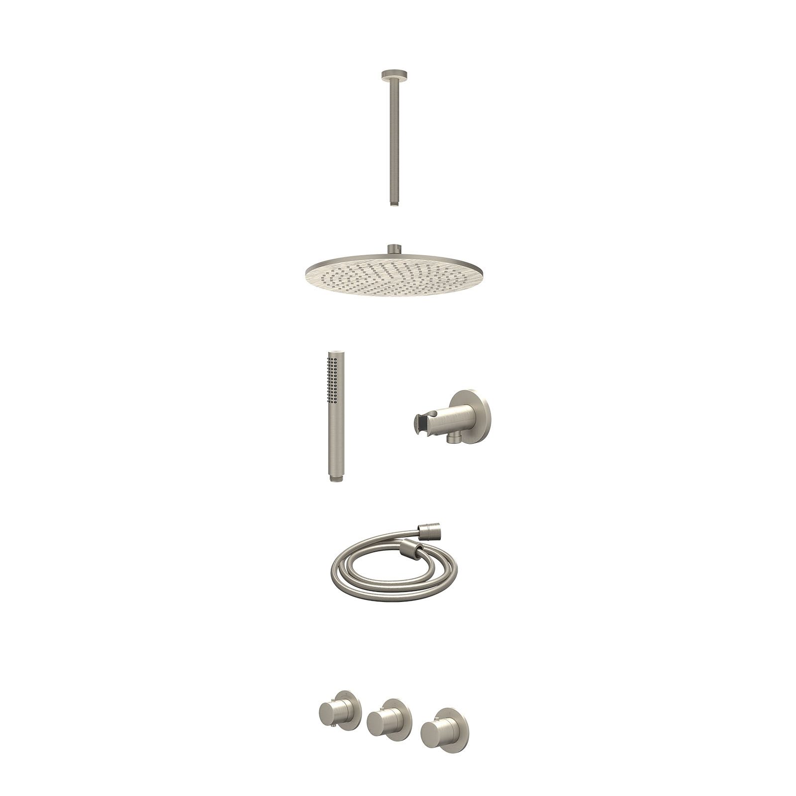 IVY Bond Regendoucheset inbouw 2 stopkranen - 30cm medium - plafond 30cm - wandhouder - staafhanddouche - excl. inbouwbox - Geborsteld nickel
