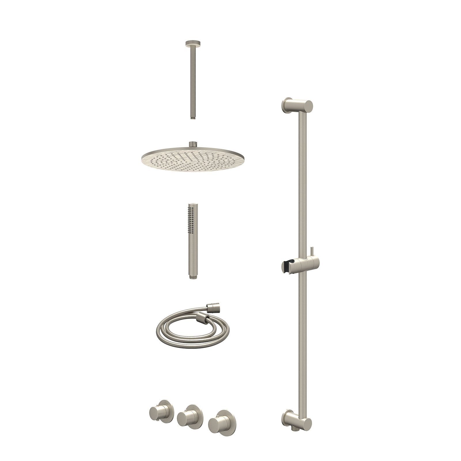 IVY Bond Regendoucheset inbouw 2 stopkranen - 30cm medium - plafond 30cm - glijstang - staafhanddouche - excl. inbouwbox - Geborsteld nickel