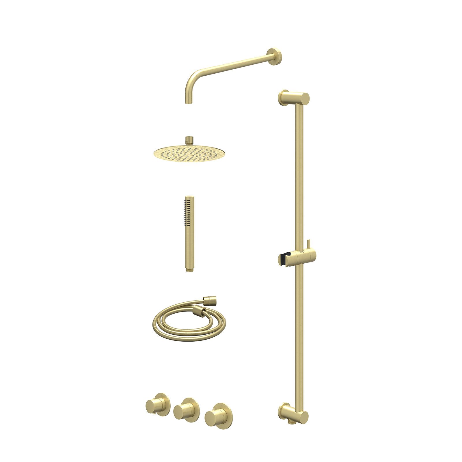 IVY Bond Regendoucheset inbouw 2 stopkranen - 20cm slim - wandarm - glijstang - staafhanddouche - excl. inbouwbox - Geborsteld mat goud