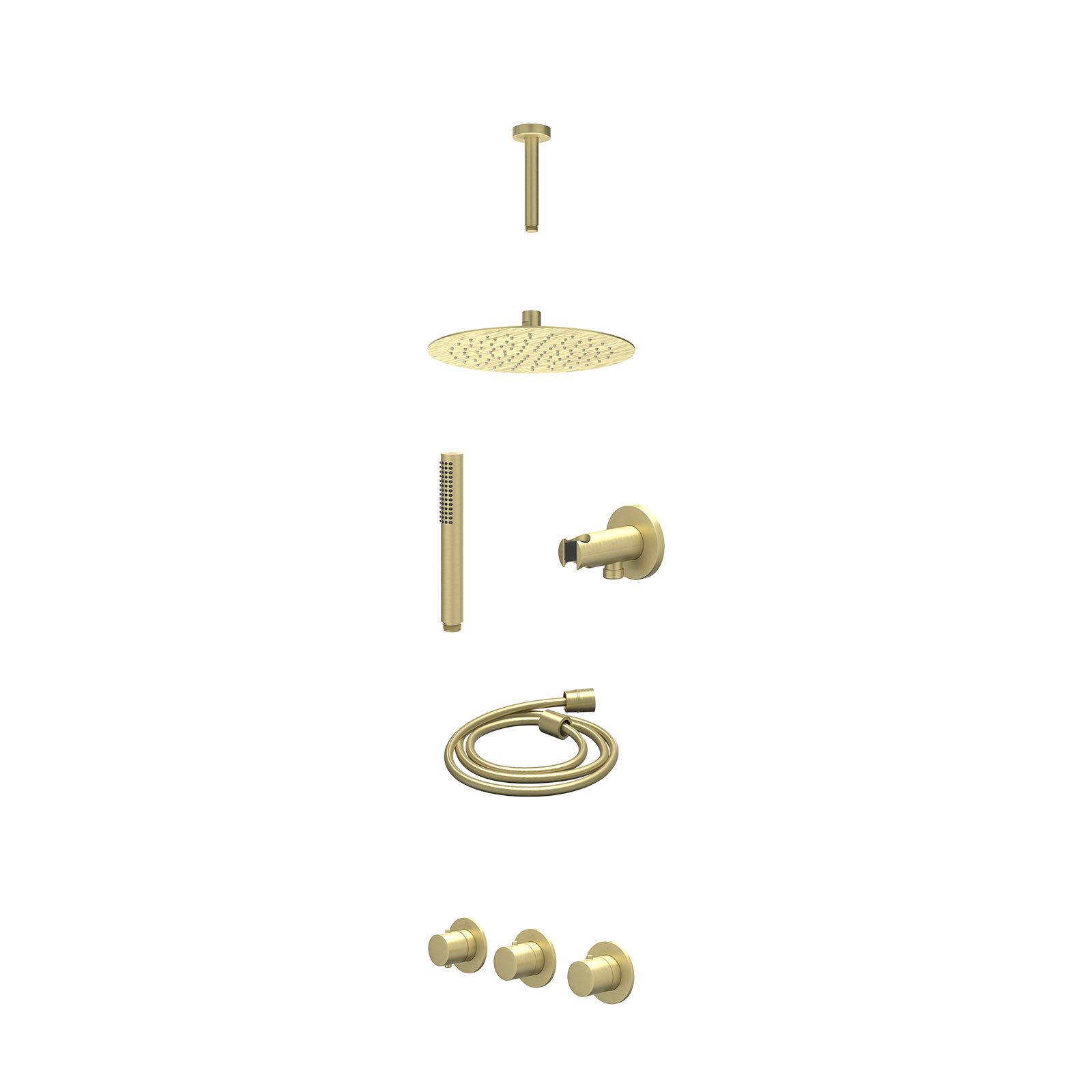 IVY Bond Regendoucheset inbouw 2 stopkranen - 25cm slim - plafond 15cm - wandhouder - staafhanddouche - excl. inbouwbox - Geborsteld mat goud