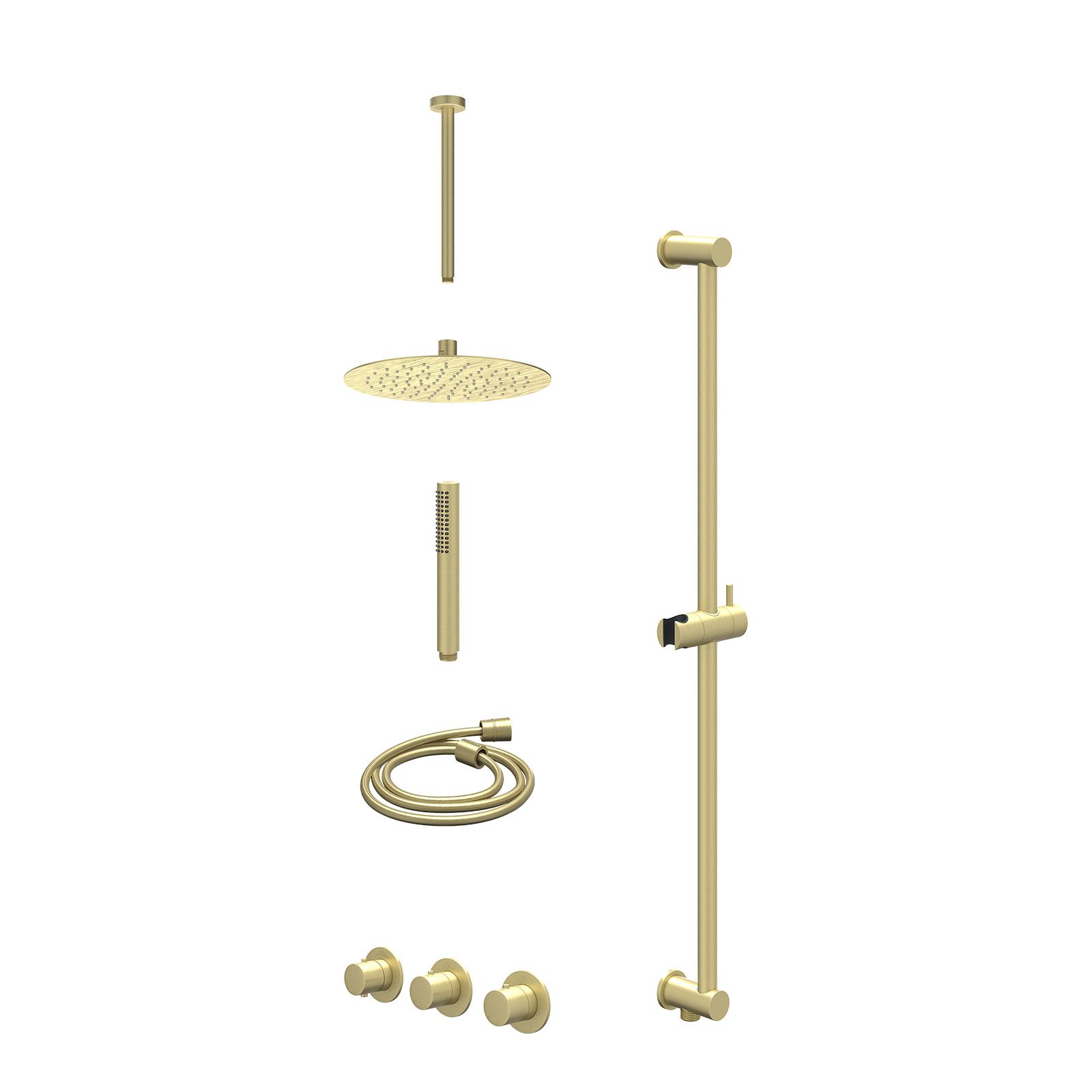 IVY Bond Regendoucheset inbouw 2 stopkranen - 25cm slim - plafond 30cm - glijstang - staafhanddouche - excl. inbouwbox - Geborsteld mat goud