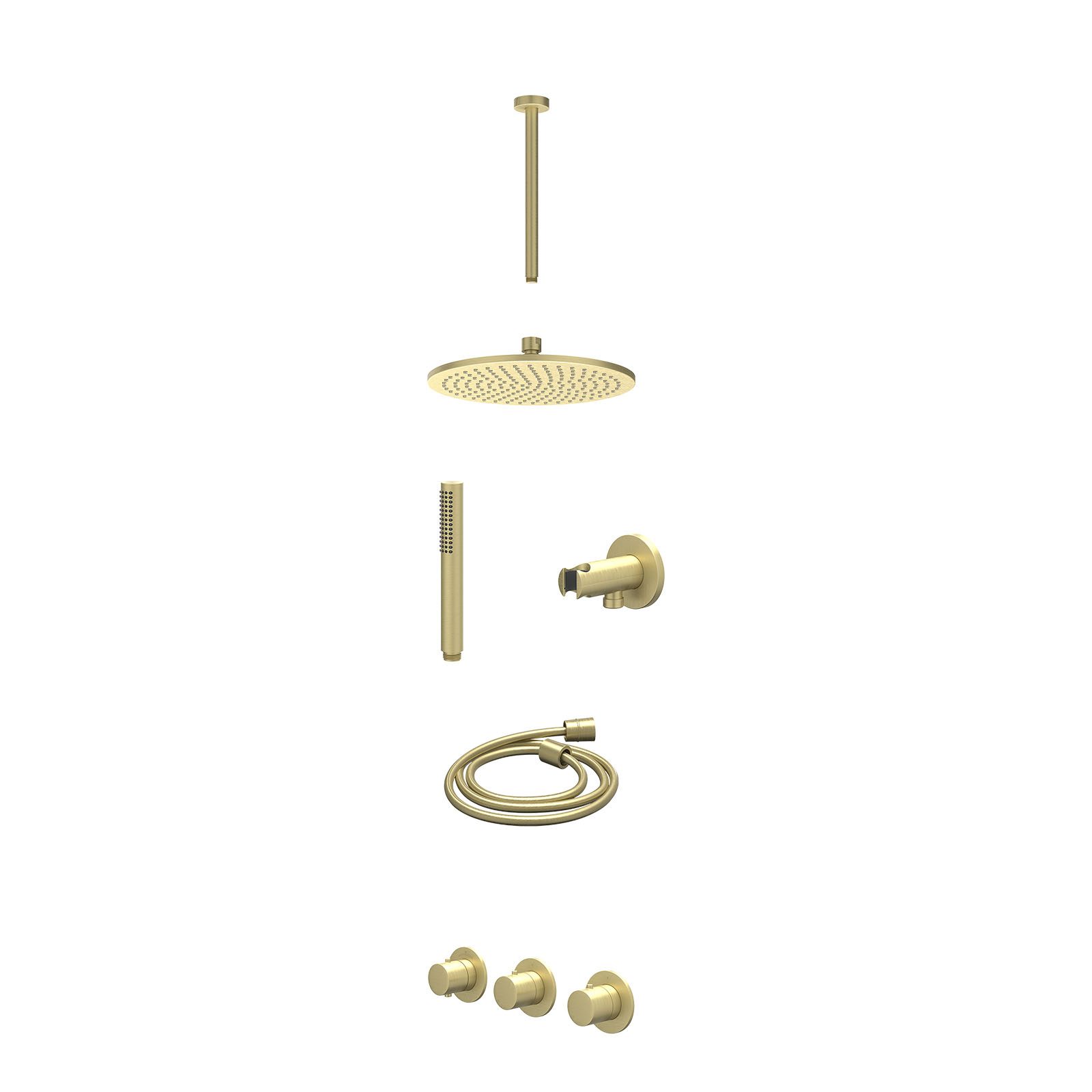 IVY Bond Regendoucheset inbouw 2 stopkranen - 25cm medium - plafond 30cm - wandhouder - staafhanddouche - excl. inbouwbox - Geborsteld mat goud