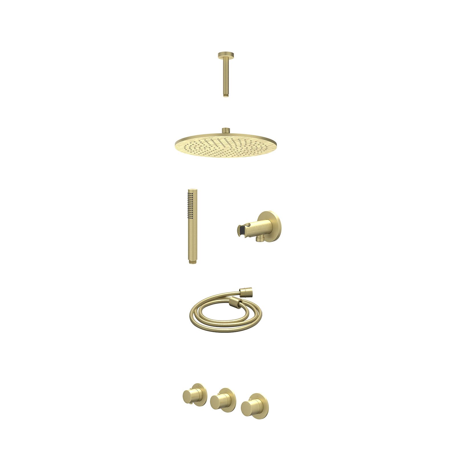 IVY Bond Regendoucheset inbouw 2 stopkranen - 30cm medium - plafond 15cm - wandhouder - staafhanddouche - excl. inbouwbox - Geborsteld mat goud