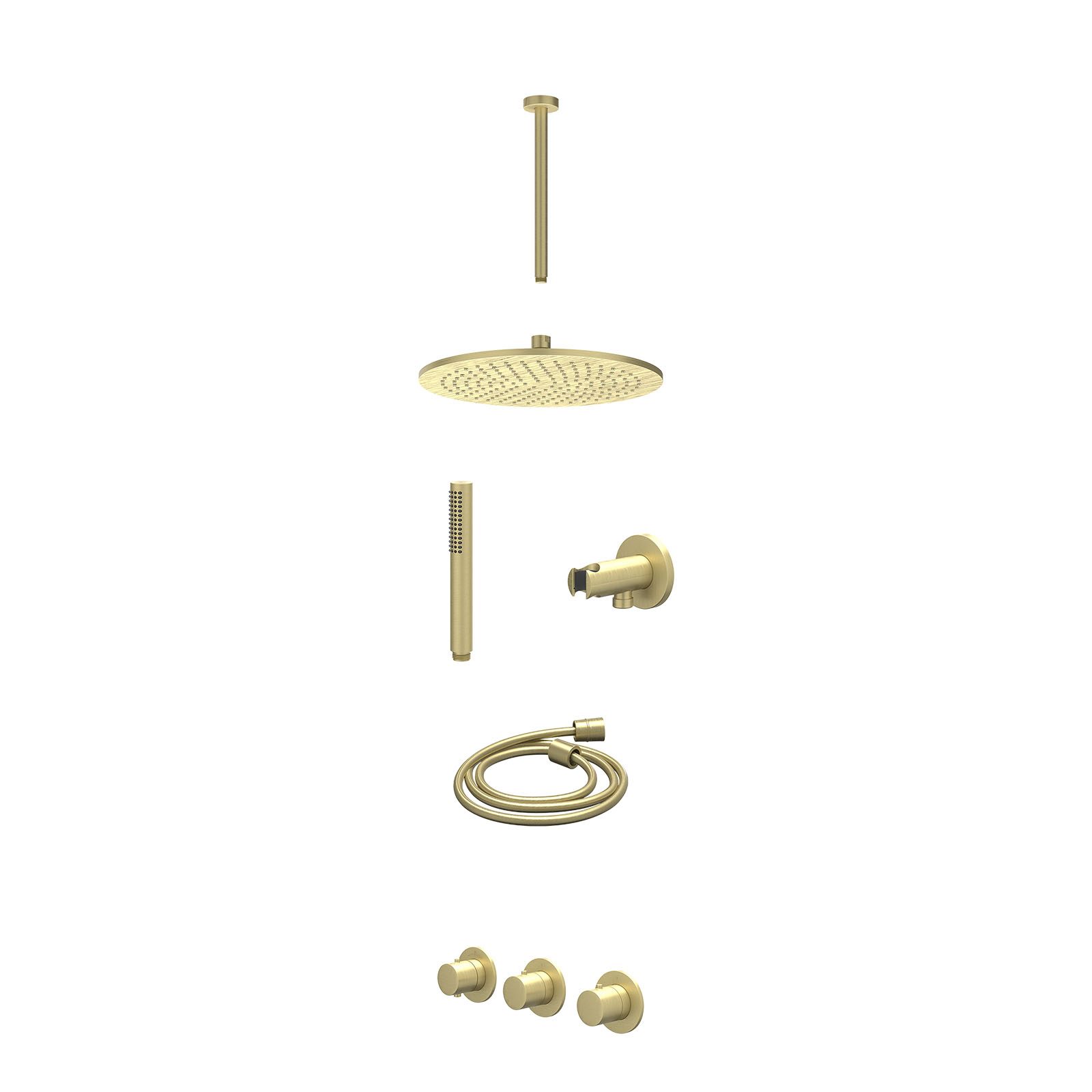 IVY Bond Regendoucheset inbouw 2 stopkranen - 30cm medium - plafond 30cm - wandhouder - staafhanddouche - excl. inbouwbox - Geborsteld mat goud