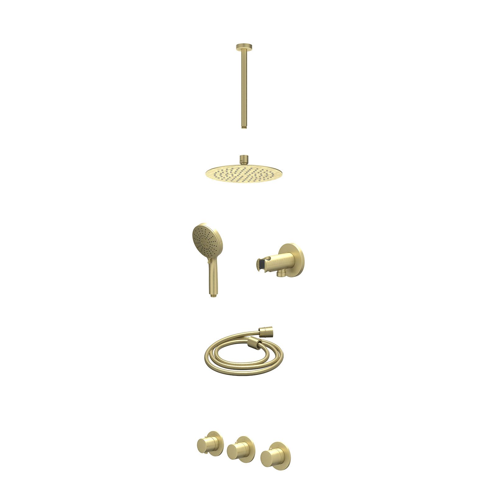 IVY Bond Regendoucheset inbouw 2 stopkranen - 20cm slim - plafond 30cm - wandhouder - 3-standen - excl. inbouwbox - Geborsteld mat goud