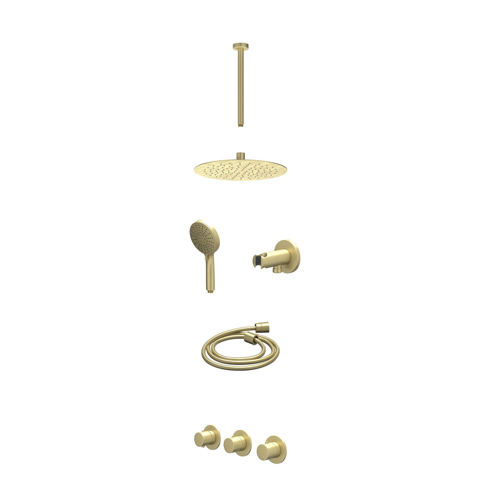 IVY Bond Regendoucheset inbouw 2 stopkranen - 25cm slim - plafond 30cm - wandhouder - 3-standen - excl. inbouwbox - Geborsteld mat goud