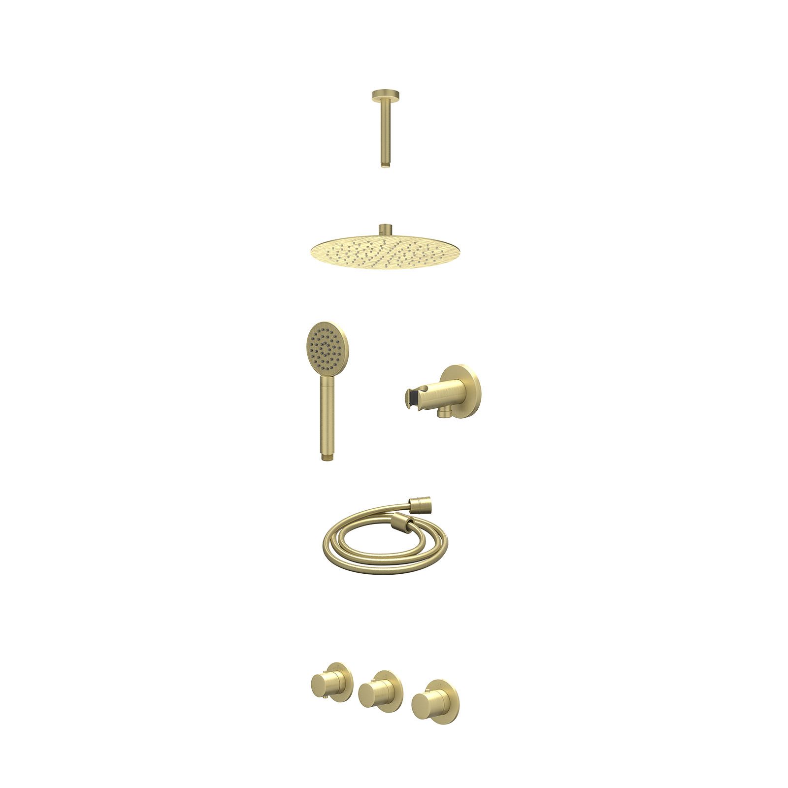 IVY Bond Regendoucheset inbouw 2 stopkranen - 25cm slim - plafond 15cm - wandhouder - satin spray - excl. inbouwbox - Geborsteld mat goud
