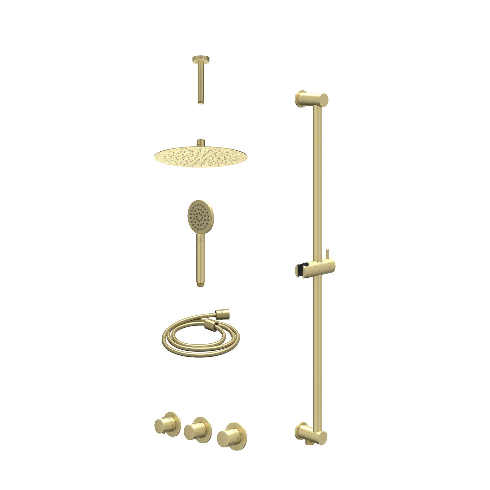 IVY Bond Regendoucheset inbouw 2 stopkranen - 25cm slim - plafond 15cm - glijstang - satin spray - excl. inbouwbox - Geborsteld mat goud