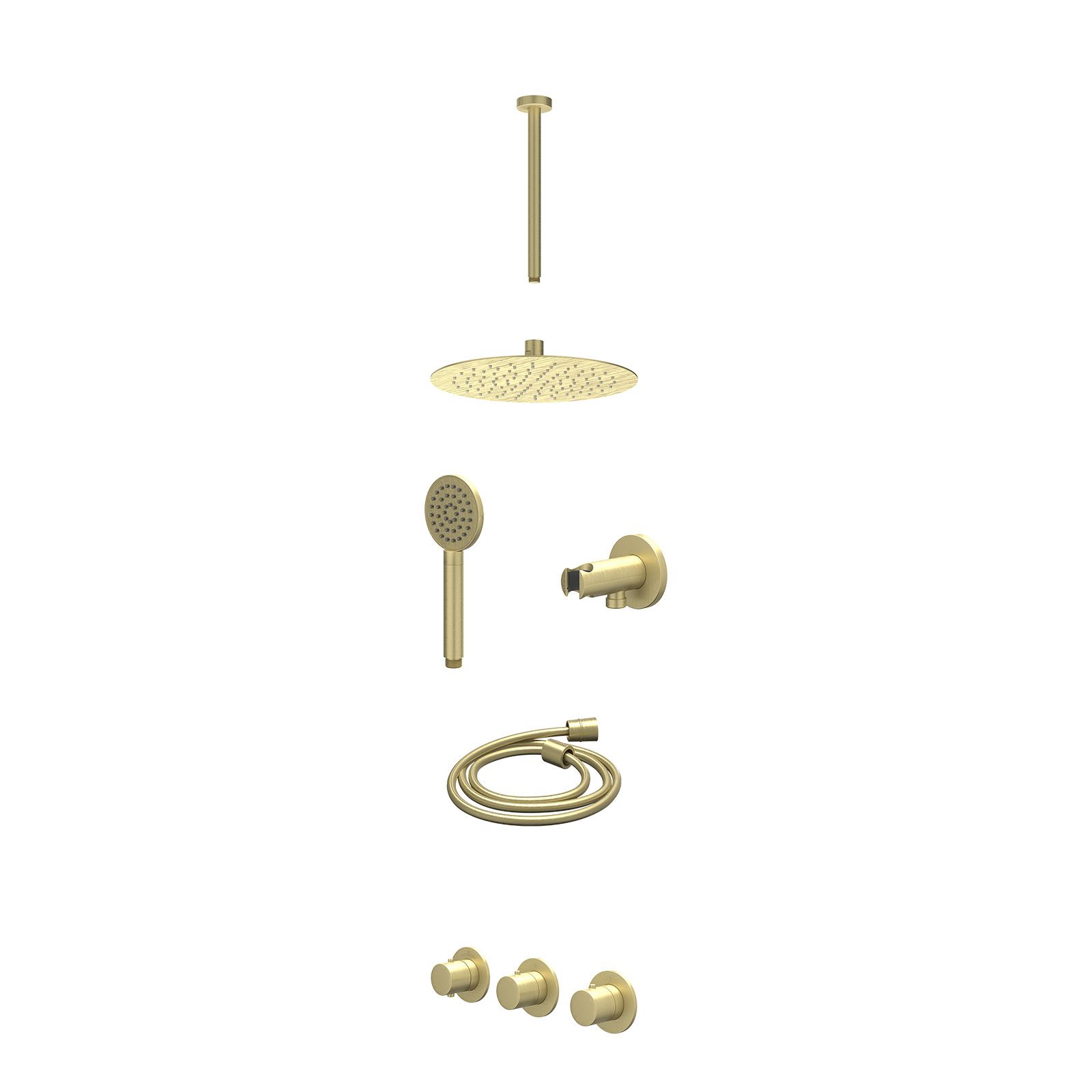 IVY Bond Regendoucheset inbouw 2 stopkranen - 25cm slim - plafond 30cm - wandhouder - satin spray - excl. inbouwbox - Geborsteld mat goud