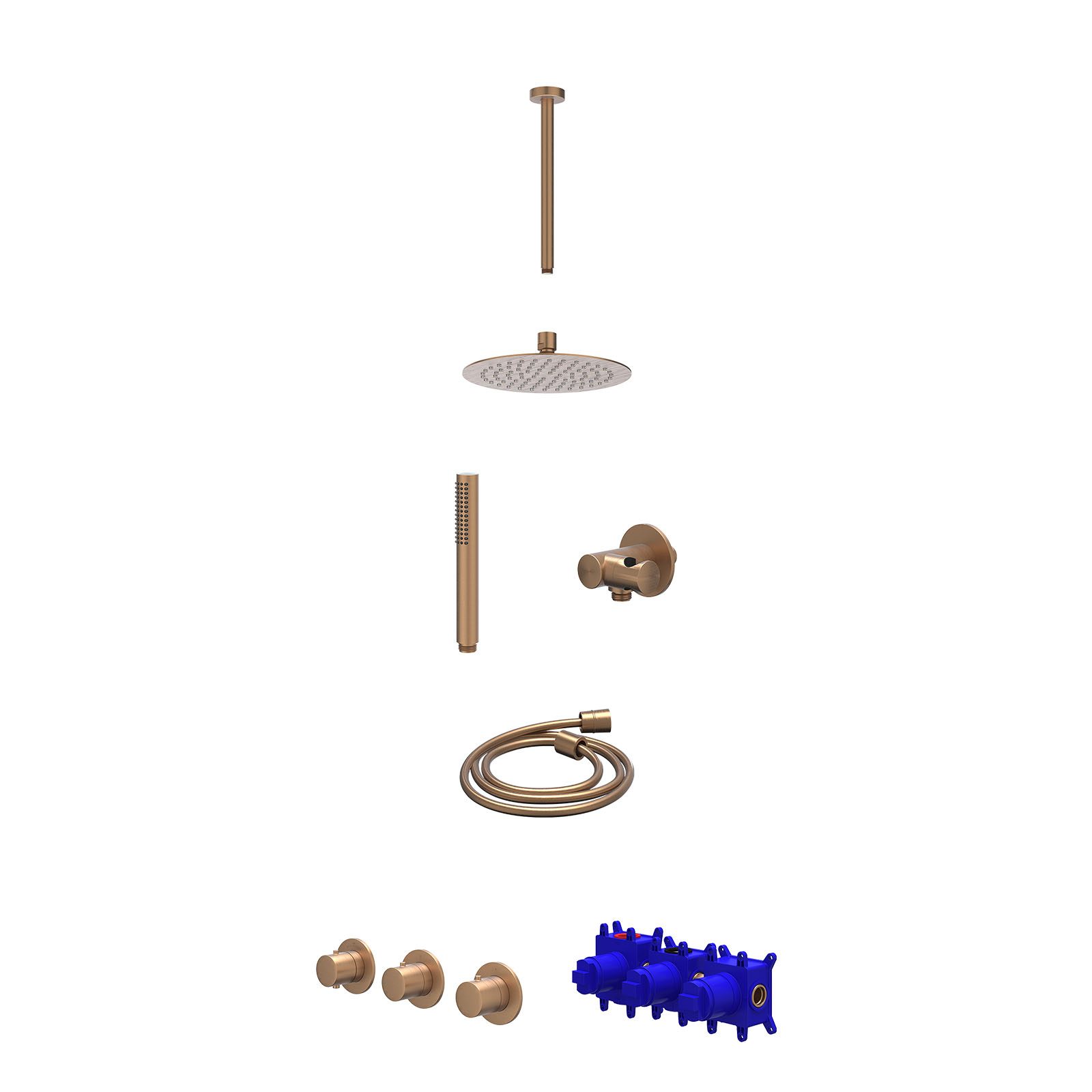 IVY Bond Regendoucheset inbouw 2 stopkranen - 20cm slim - plafond 30cm - verstelbare steun - staafhanddouche - Geborsteld mat koper