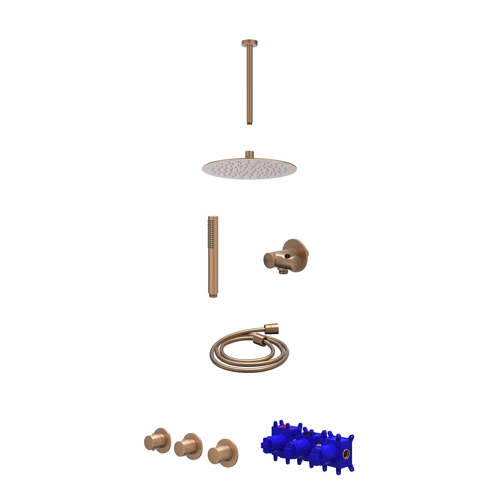 IVY Bond Regendoucheset inbouw 2 stopkranen - 25cm slim - plafond 30cm - verstelbare steun - staafhanddouche - Geborsteld mat koper
