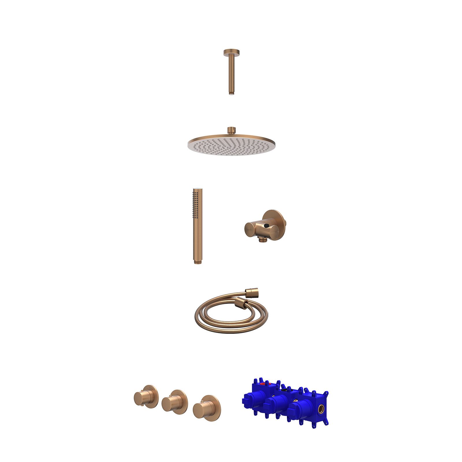 IVY Bond Regendoucheset inbouw 2 stopkranen - 25cm medium - plafond 15cm - verstelbare steun - staafhanddouche - Geborsteld mat koper