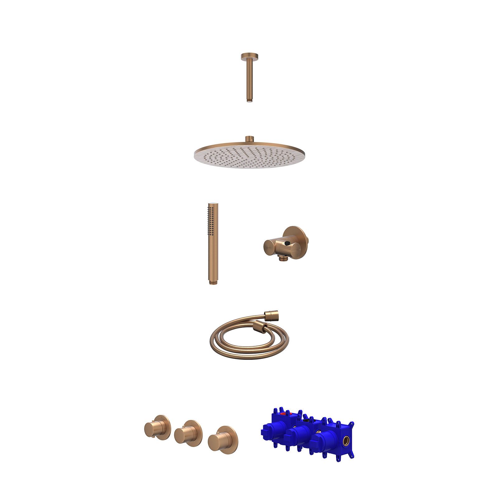 IVY Bond Regendoucheset inbouw 2 stopkranen - 30cm medium - plafond 15cm - verstelbare steun - staafhanddouche - Geborsteld mat koper