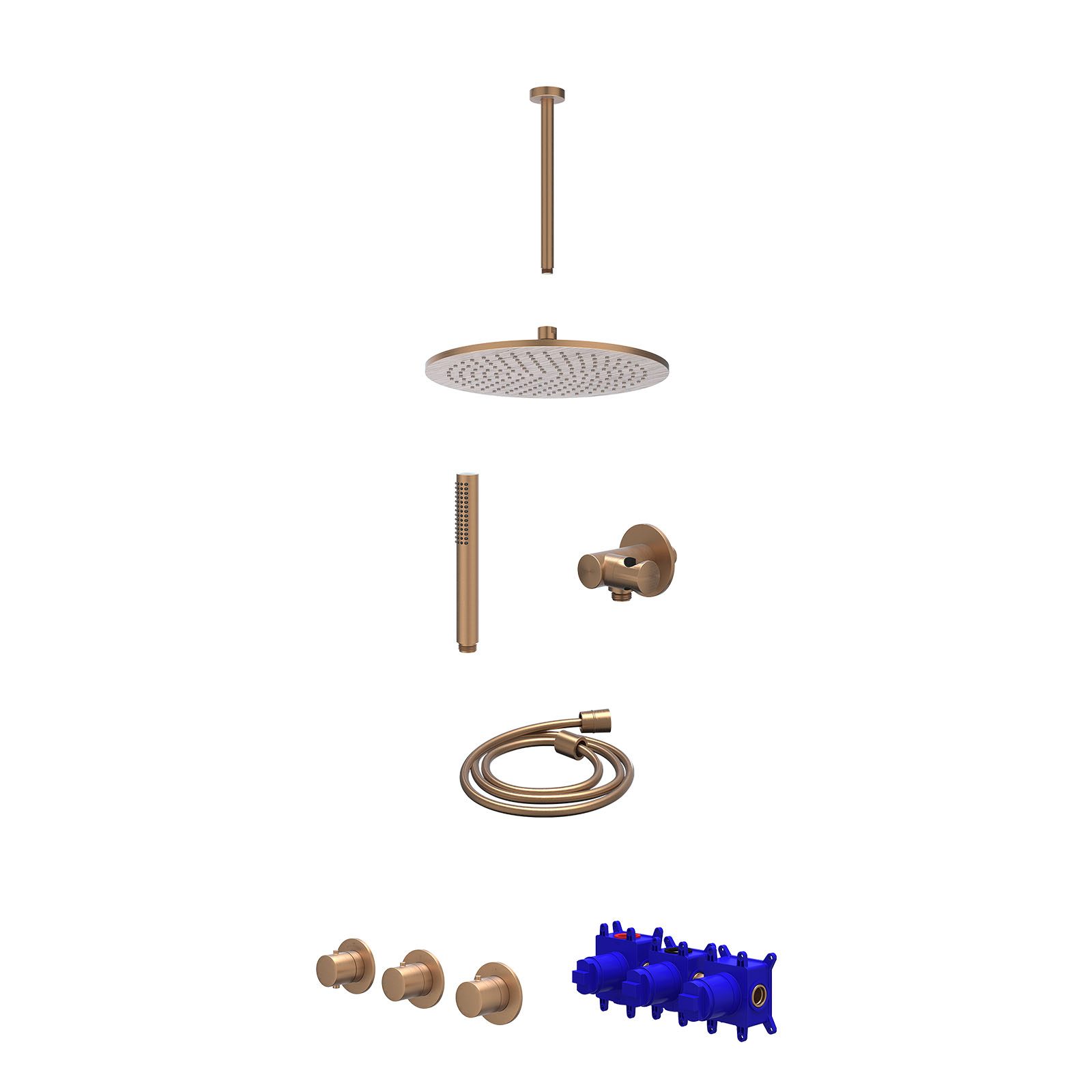 IVY Bond Regendoucheset inbouw 2 stopkranen - 30cm medium - plafond 30cm - verstelbare steun - staafhanddouche - Geborsteld mat koper