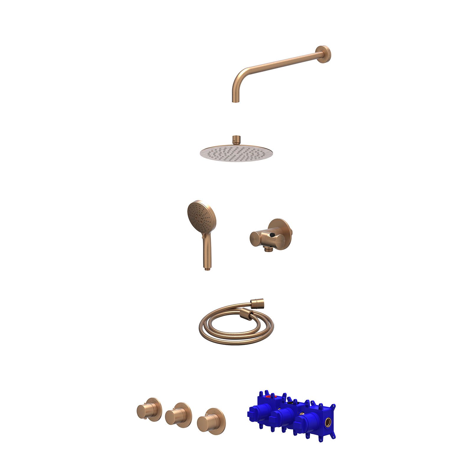 IVY Bond Regendoucheset inbouw 2 stopkranen - 20cm slim - wandarm - verstelbare steun - 3-standen - Geborsteld mat koper