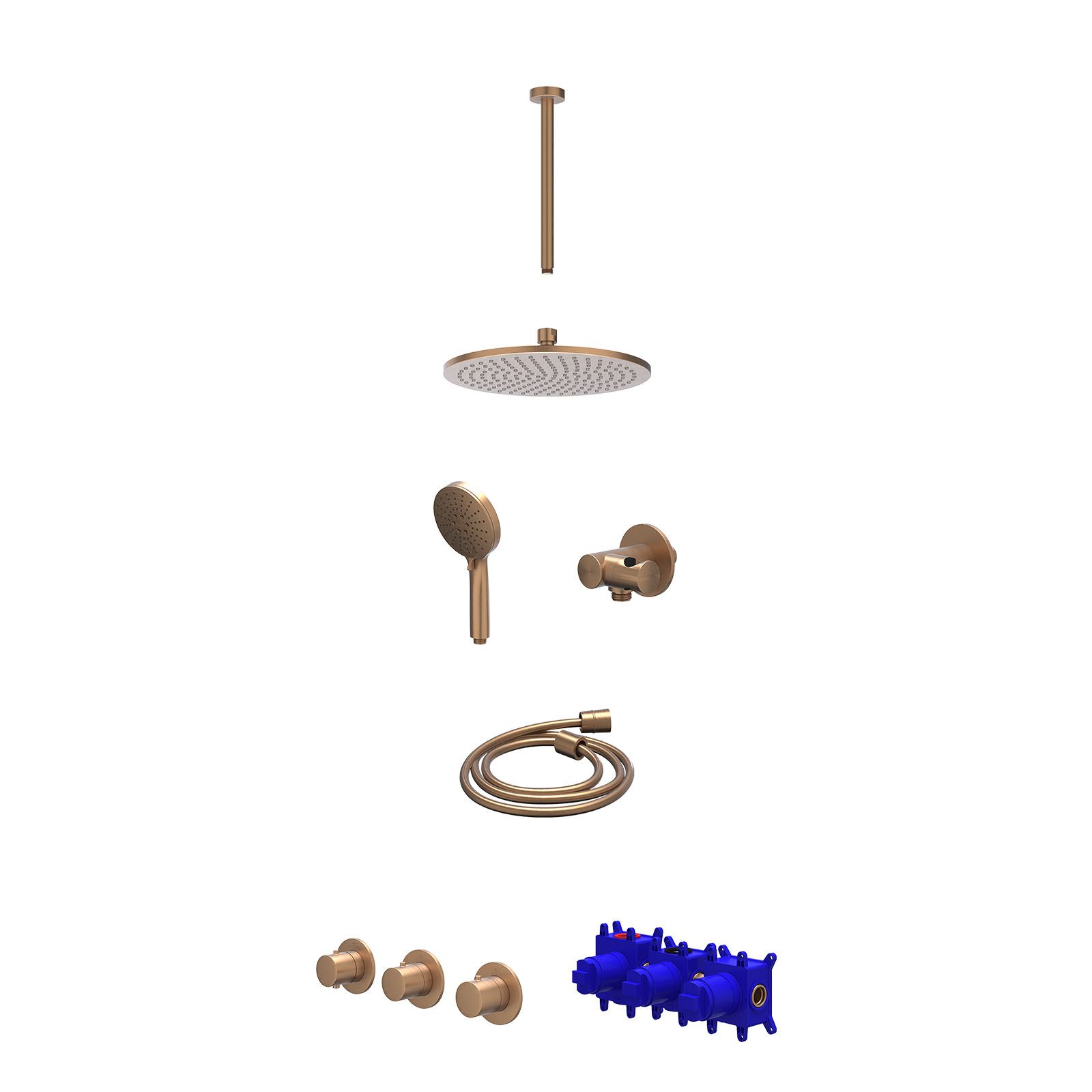 IVY Bond Regendoucheset inbouw 2 stopkranen - 25cm medium - plafond 30cm - verstelbare steun - 3-standen - Geborsteld mat koper