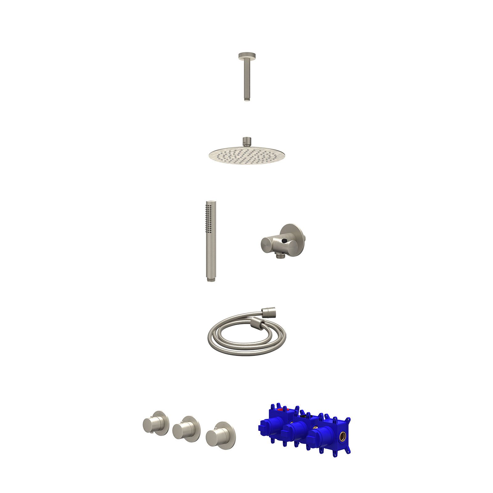IVY Bond Regendoucheset inbouw 2 stopkranen - 20cm slim - plafond 15cm - verstelbare steun - staafhanddouche - Geborsteld nickel