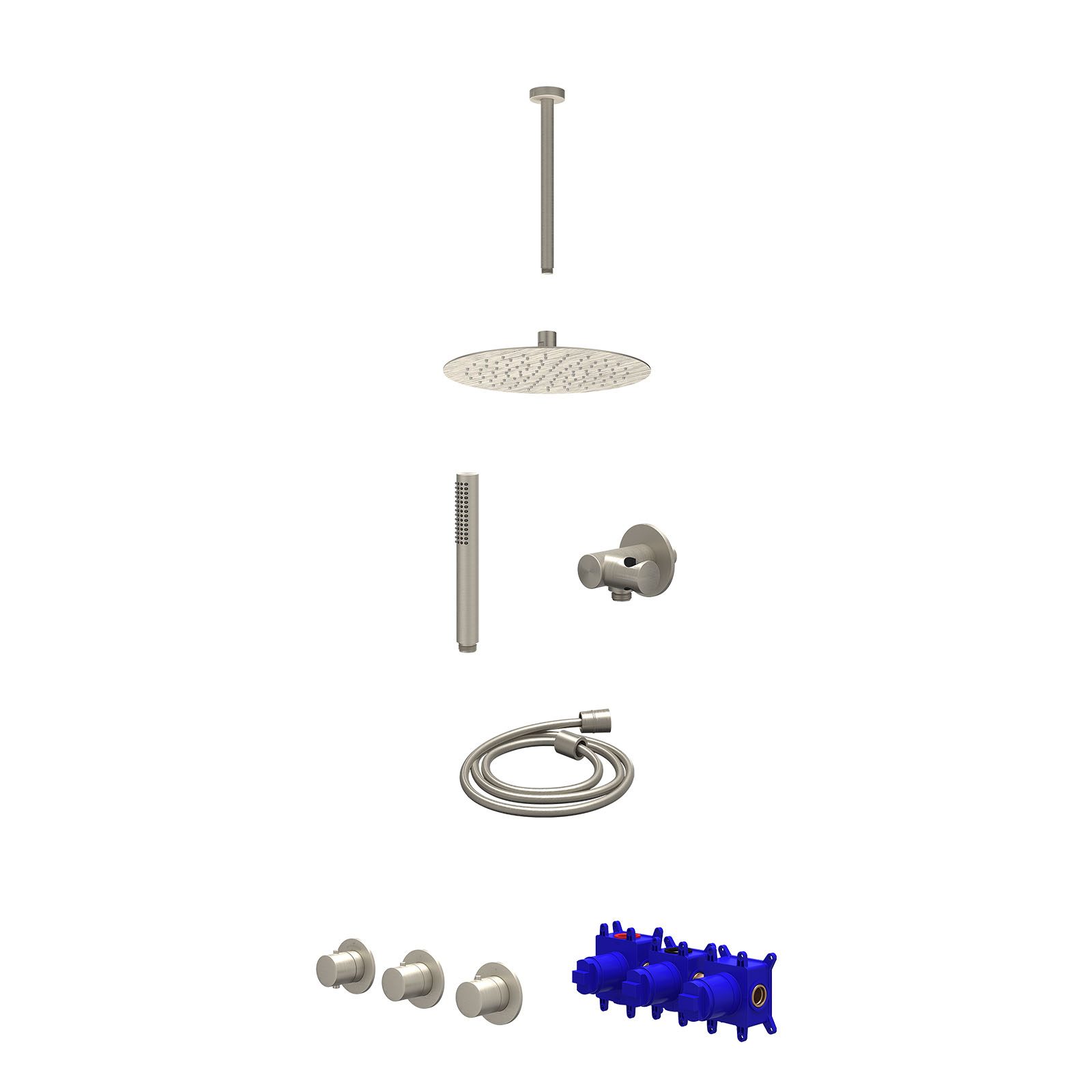 IVY Bond Regendoucheset inbouw 2 stopkranen - 25cm slim - plafond 30cm - verstelbare steun - staafhanddouche - Geborsteld nickel