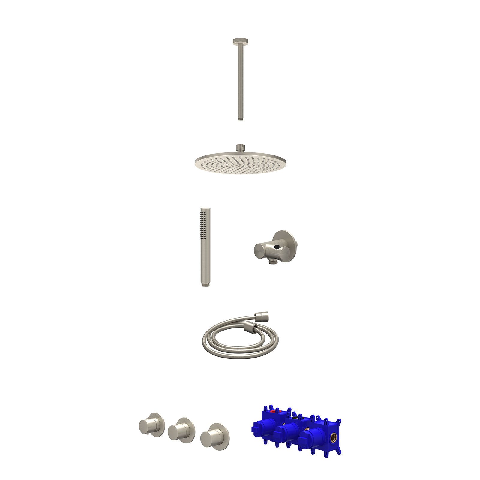 IVY Bond Regendoucheset inbouw 2 stopkranen - 25cm medium - plafond 30cm - verstelbare steun - staafhanddouche - Geborsteld nickel
