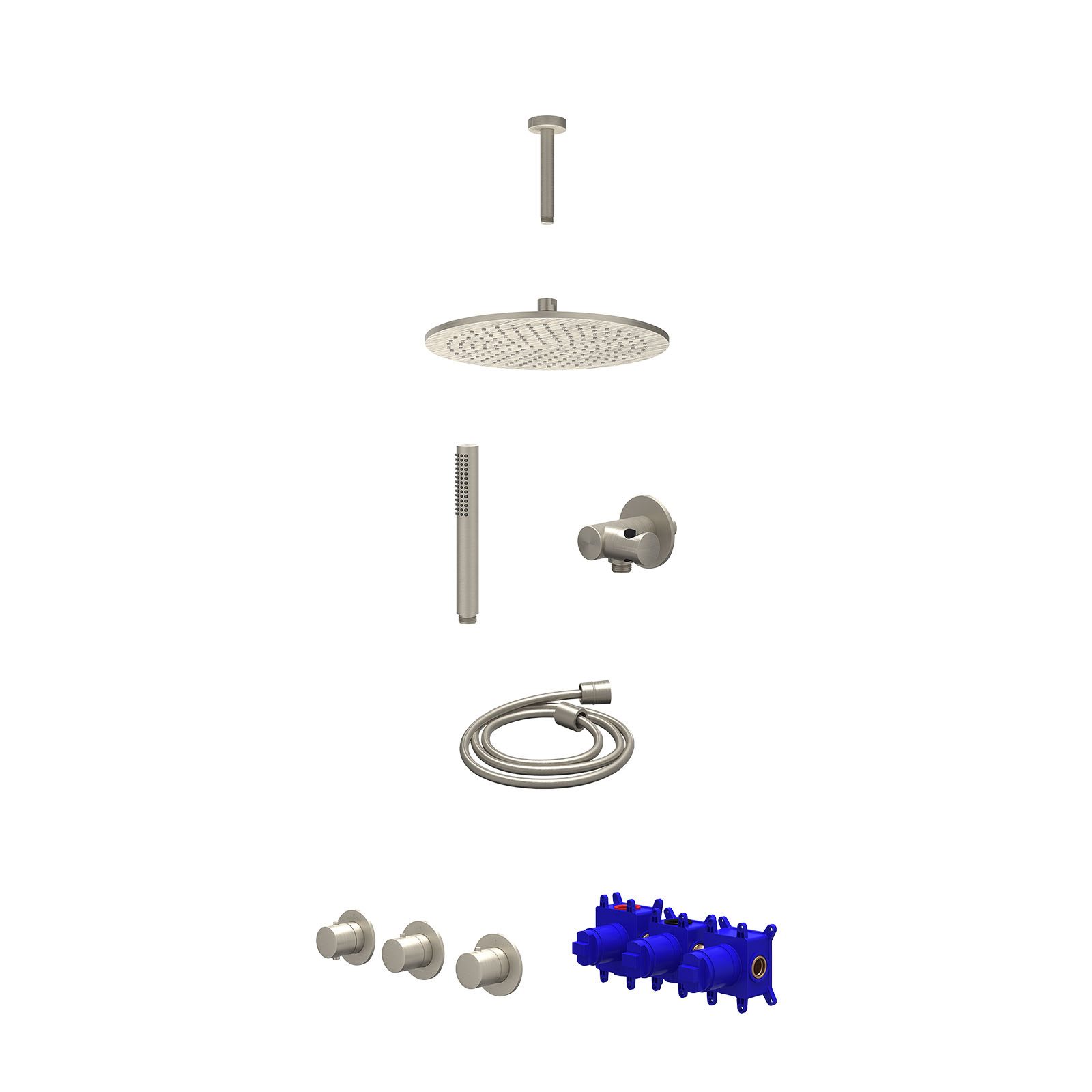 IVY Bond Regendoucheset inbouw 2 stopkranen - 30cm medium - plafond 15cm - verstelbare steun - staafhanddouche - Geborsteld nickel