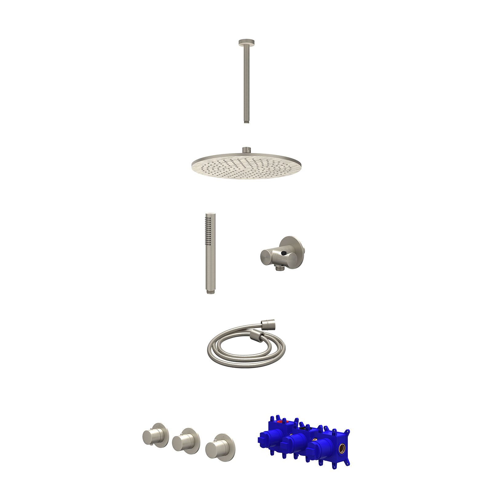 IVY Bond Regendoucheset inbouw 2 stopkranen - 30cm medium - plafond 30cm - verstelbare steun - staafhanddouche - Geborsteld nickel
