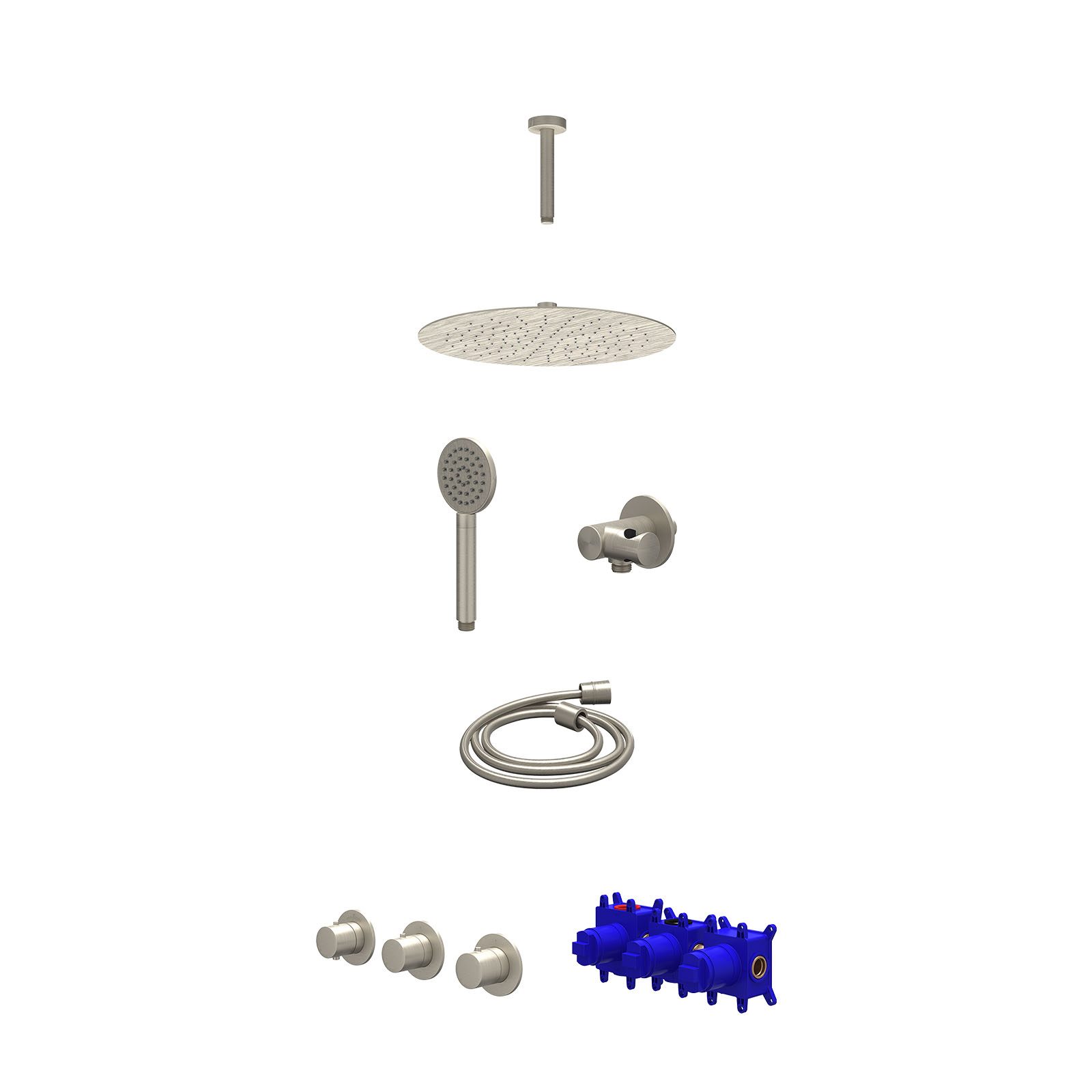 IVY Bond Regendoucheset inbouw 2 stopkranen - 30cm slim - plafond 15cm - verstelbare steun - satin spray - Geborsteld nickel