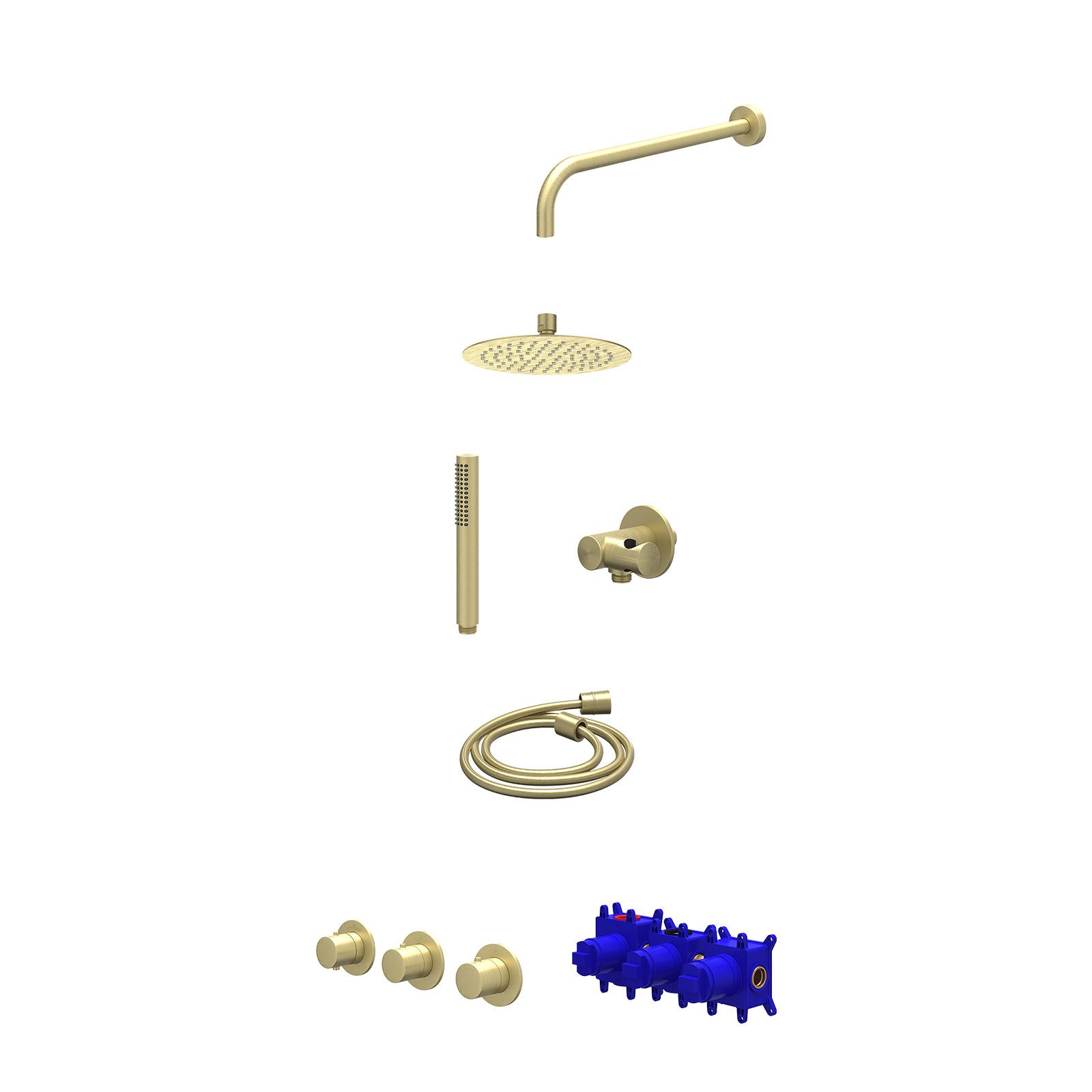 IVY Bond Regendoucheset inbouw 2 stopkranen - 20cm slim - wandarm - verstelbare steun - staafhanddouche - Geborsteld mat goud