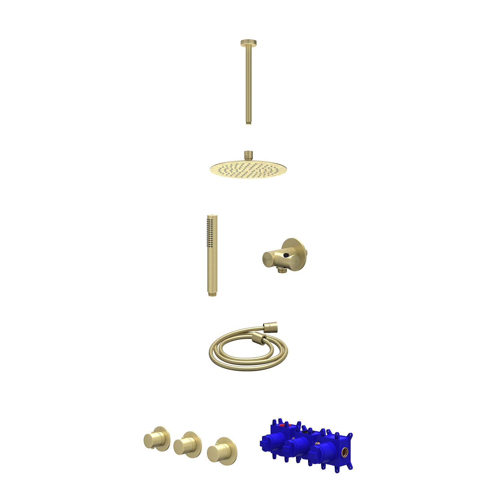 IVY Bond Regendoucheset inbouw 2 stopkranen - 20cm slim - plafond 30cm - verstelbare steun - staafhanddouche - Geborsteld mat goud