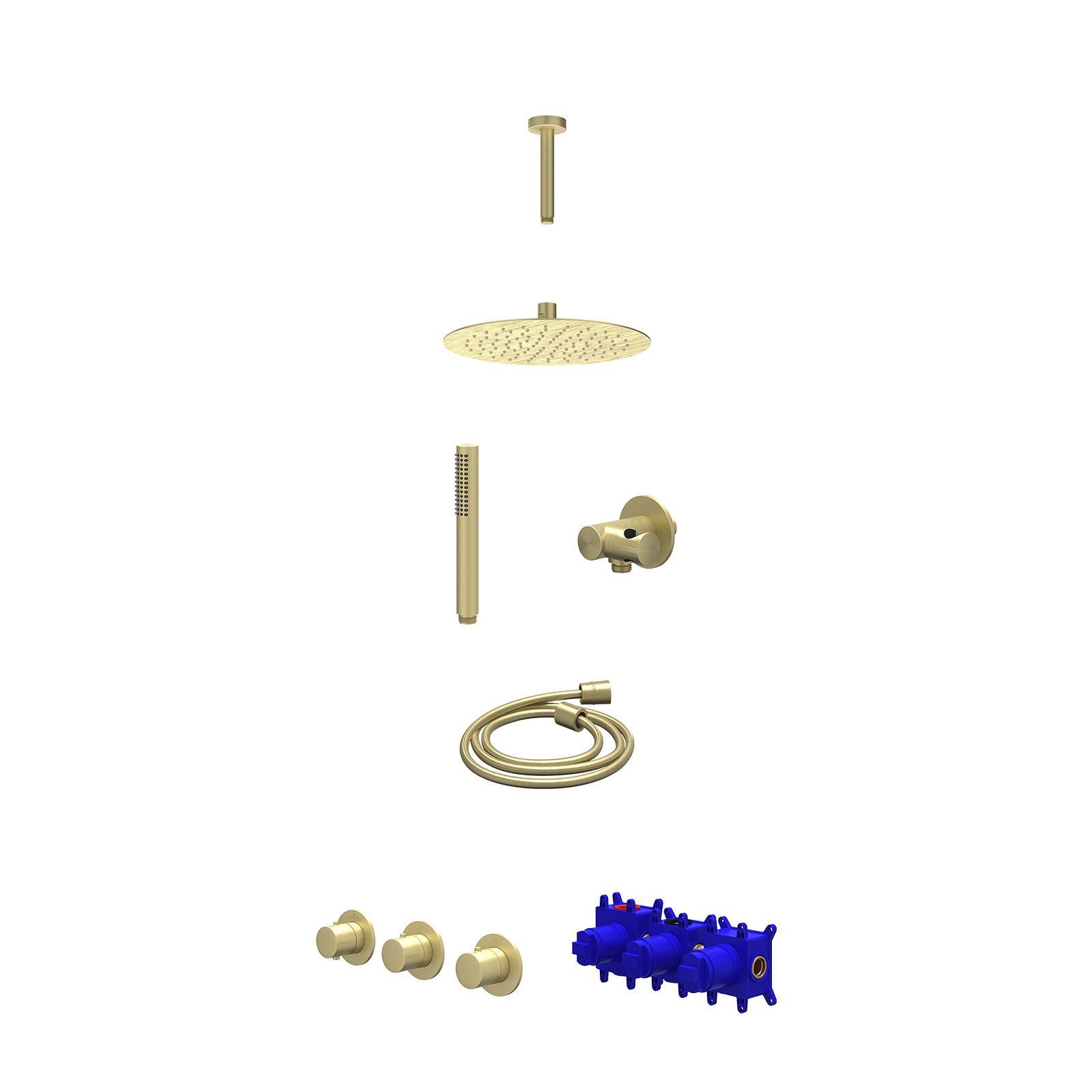 IVY Bond Regendoucheset inbouw 2 stopkranen - 25cm slim - plafond 15cm - verstelbare steun - staafhanddouche - Geborsteld mat goud