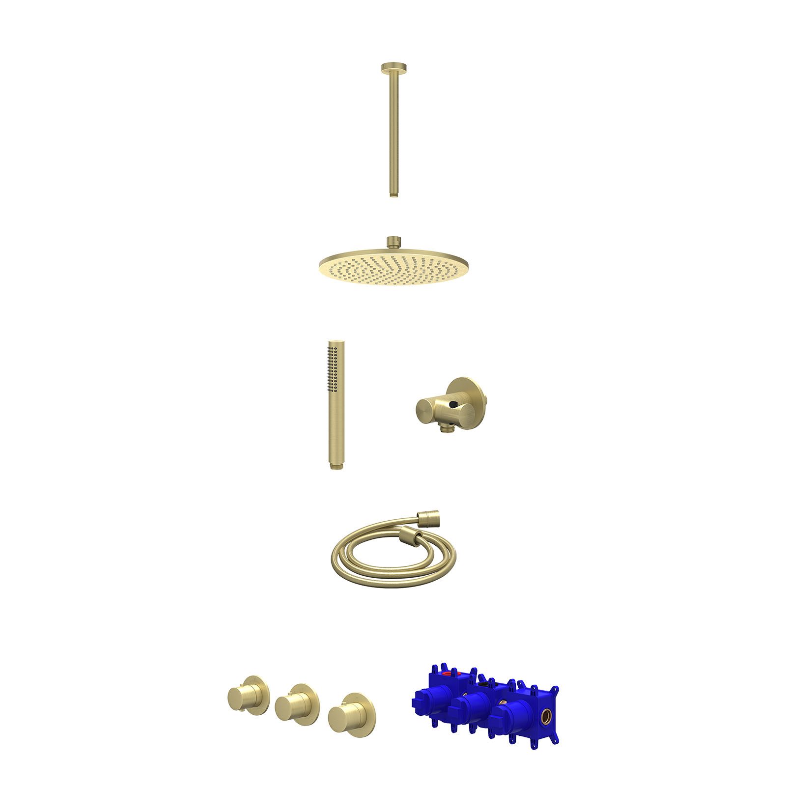 IVY Bond Regendoucheset inbouw 2 stopkranen - 25cm medium - plafond 30cm - verstelbare steun - staafhanddouche - Geborsteld mat goud