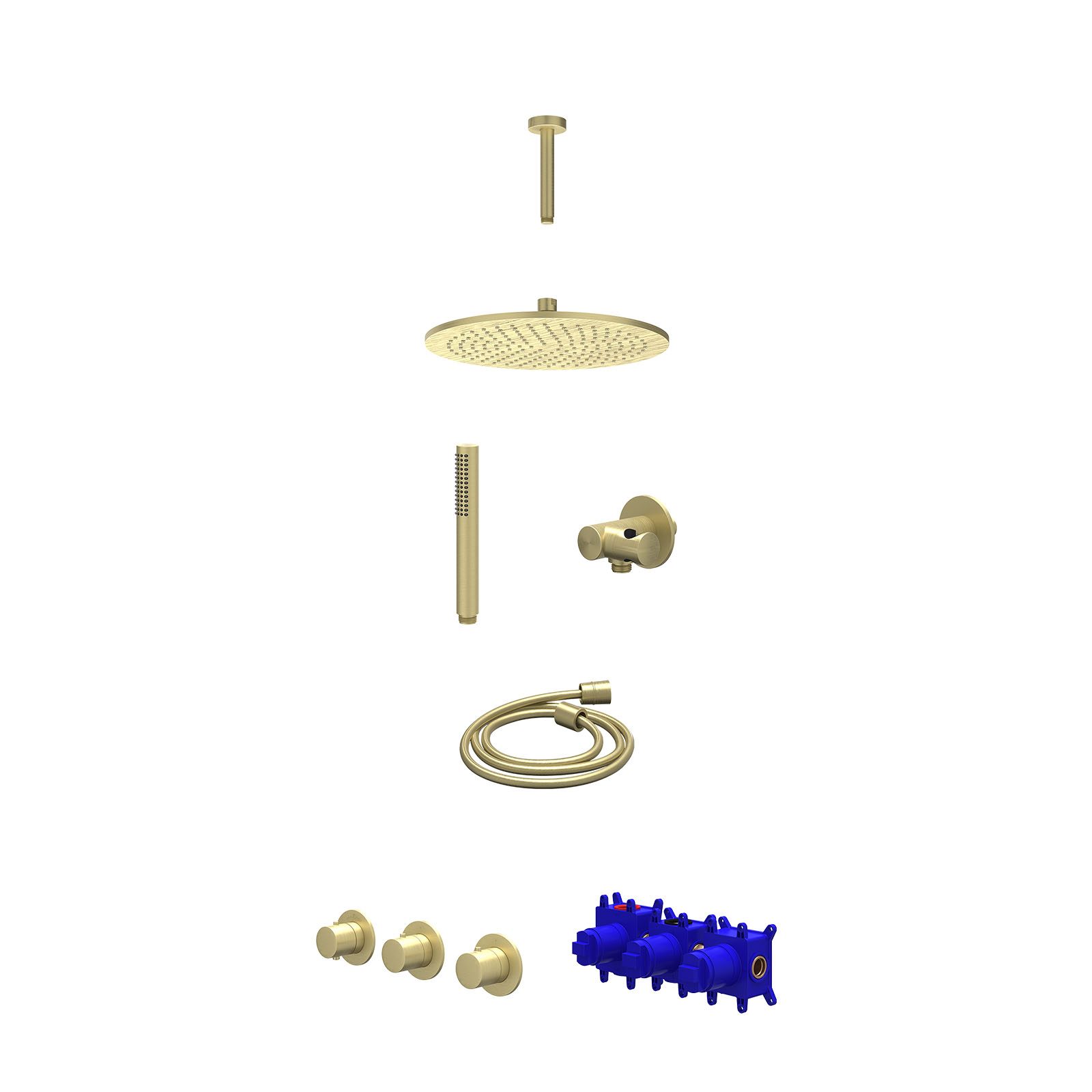 IVY Bond Regendoucheset inbouw 2 stopkranen - 30cm medium - plafond 15cm - verstelbare steun - staafhanddouche - Geborsteld mat goud